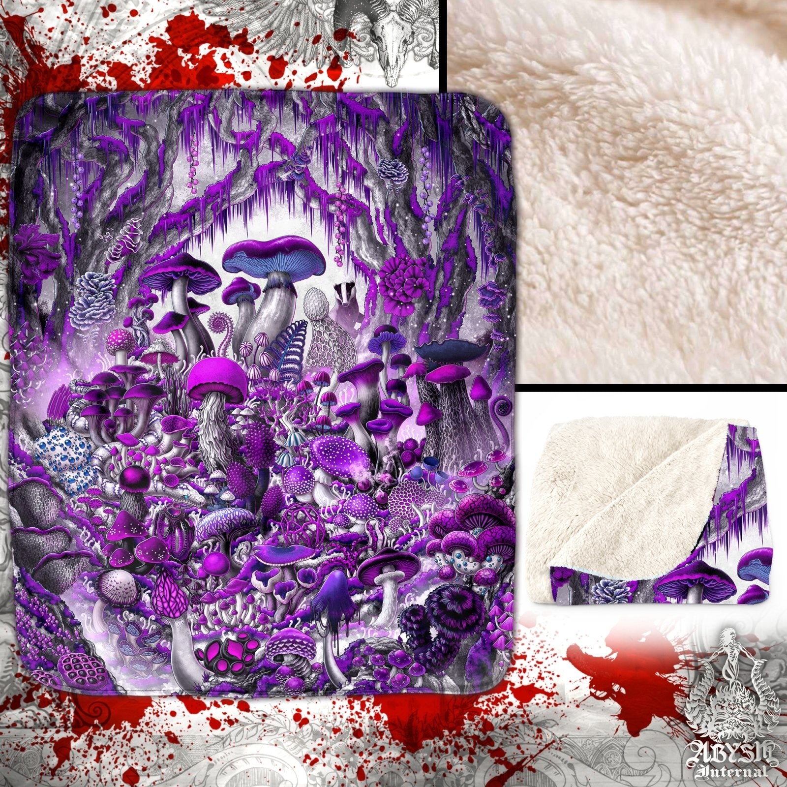 Gothic Mushrooms Throw Fleece Blanket, Magic Shrooms, Mycology Art, Mycologist Gift, Alternative Home Decor - Purple White Goth - Abysm Internal