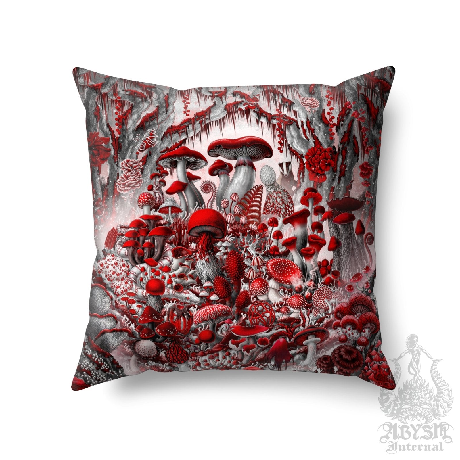 Gothic Mushrooms Throw Pillow, Decorative Accent Cushion, Bloody White Goth Room Decor, Mycology Art Print, Mycologist Gift - Abysm Internal
