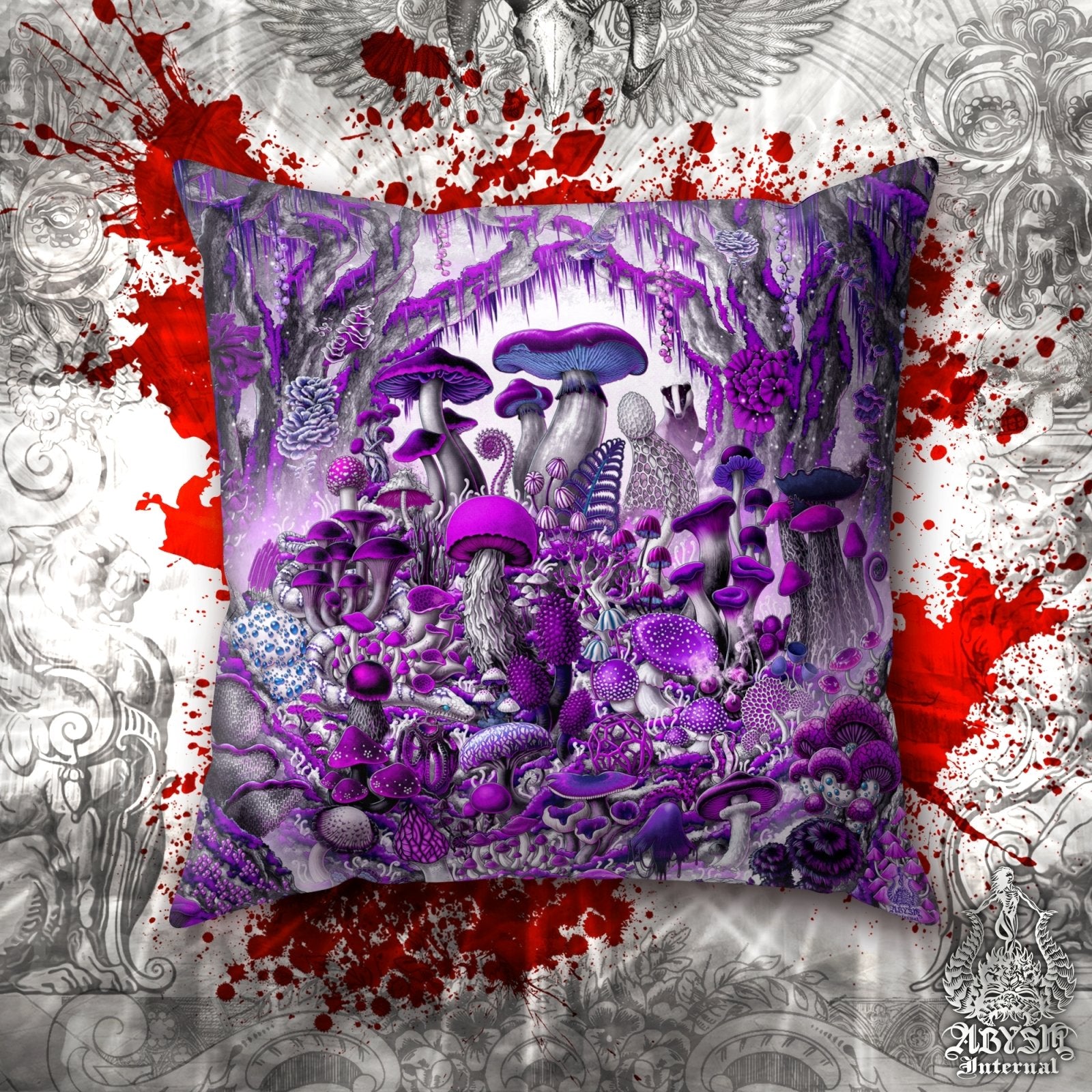 Gothic Mushrooms Throw Pillow, Decorative Accent Cushion, Purple White Goth Room Decor, Mycology Art Print, Mycologist Gift - Abysm Internal