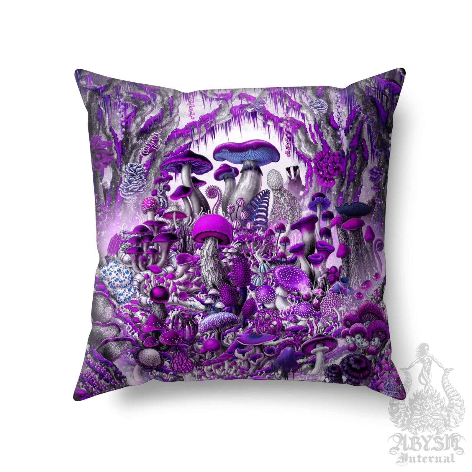 Gothic Mushrooms Throw Pillow, Decorative Accent Cushion, Purple White Goth Room Decor, Mycology Art Print, Mycologist Gift - Abysm Internal