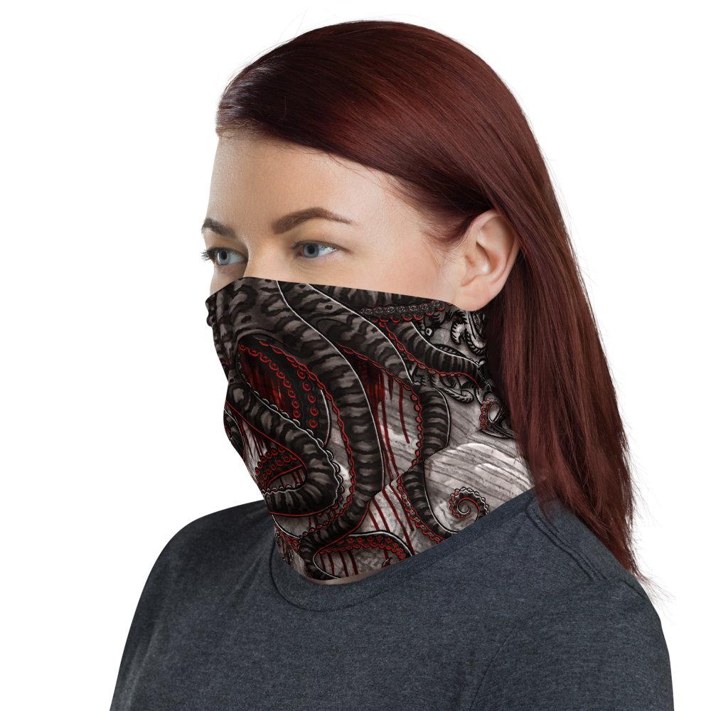 Gothic Neck Gaiter, Face Mask, Head Covering, Halloween Outfit, Octopus Art - Horror, Grey - Abysm Internal