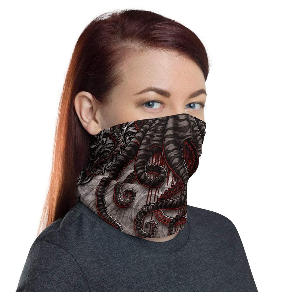 Gothic Neck Gaiter, Face Mask, Head Covering, Halloween Outfit, Octopus Art - Horror, Grey - Abysm Internal