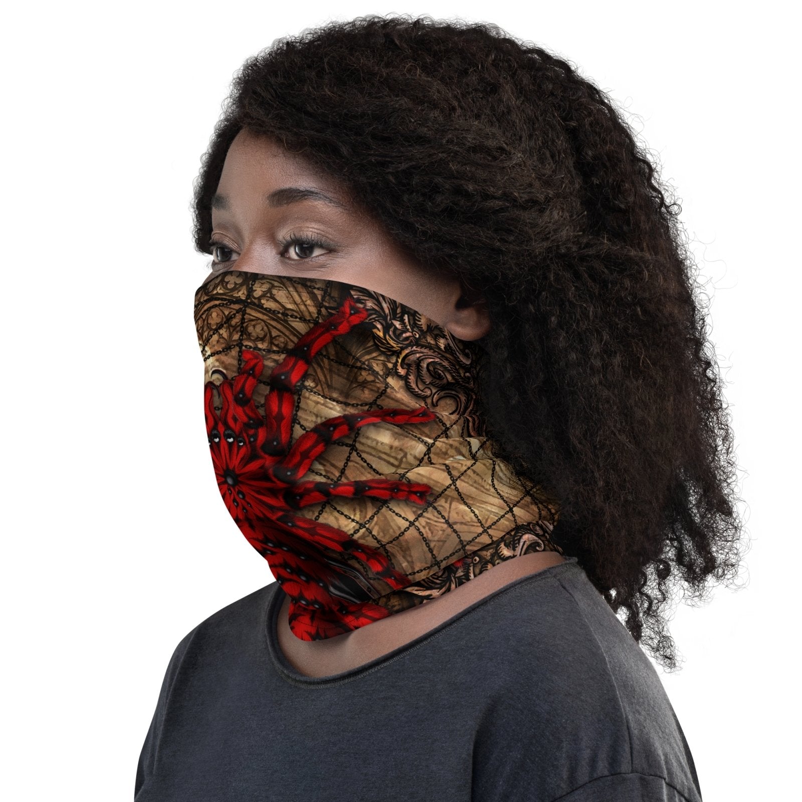 Gothic Neck Gaiter, Face Mask, Head Covering, Halloween Outfit, Tarantula Lover Gift - Goth Horror, Red Spider, Beige - Abysm Internal