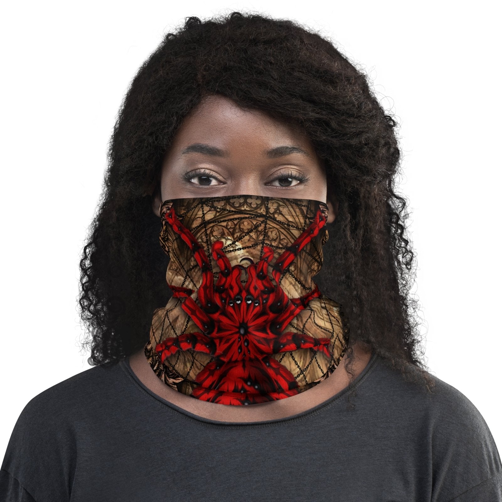 Gothic Neck Gaiter, Face Mask, Head Covering, Halloween Outfit, Tarantula Lover Gift - Goth Horror, Red Spider, Beige - Abysm Internal