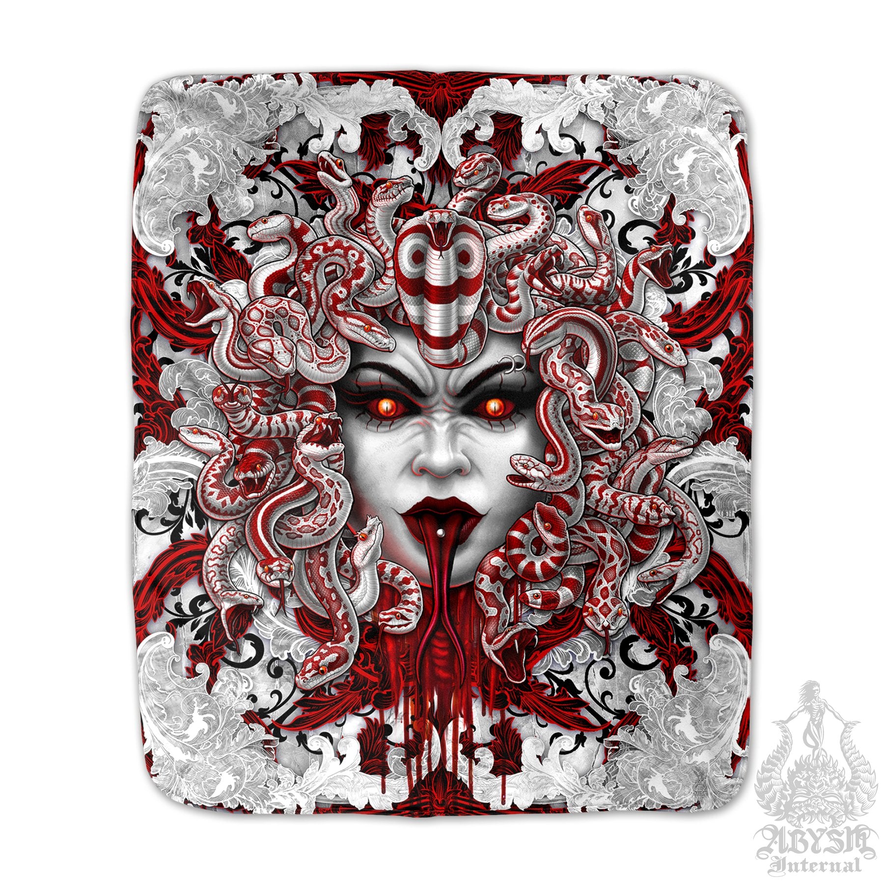 Gothic Sherpa Fleece Throw Blanket, White Goth Medusa, Horror Home Decor - Skull & 3 Faces, Bloody Snakes - Abysm Internal