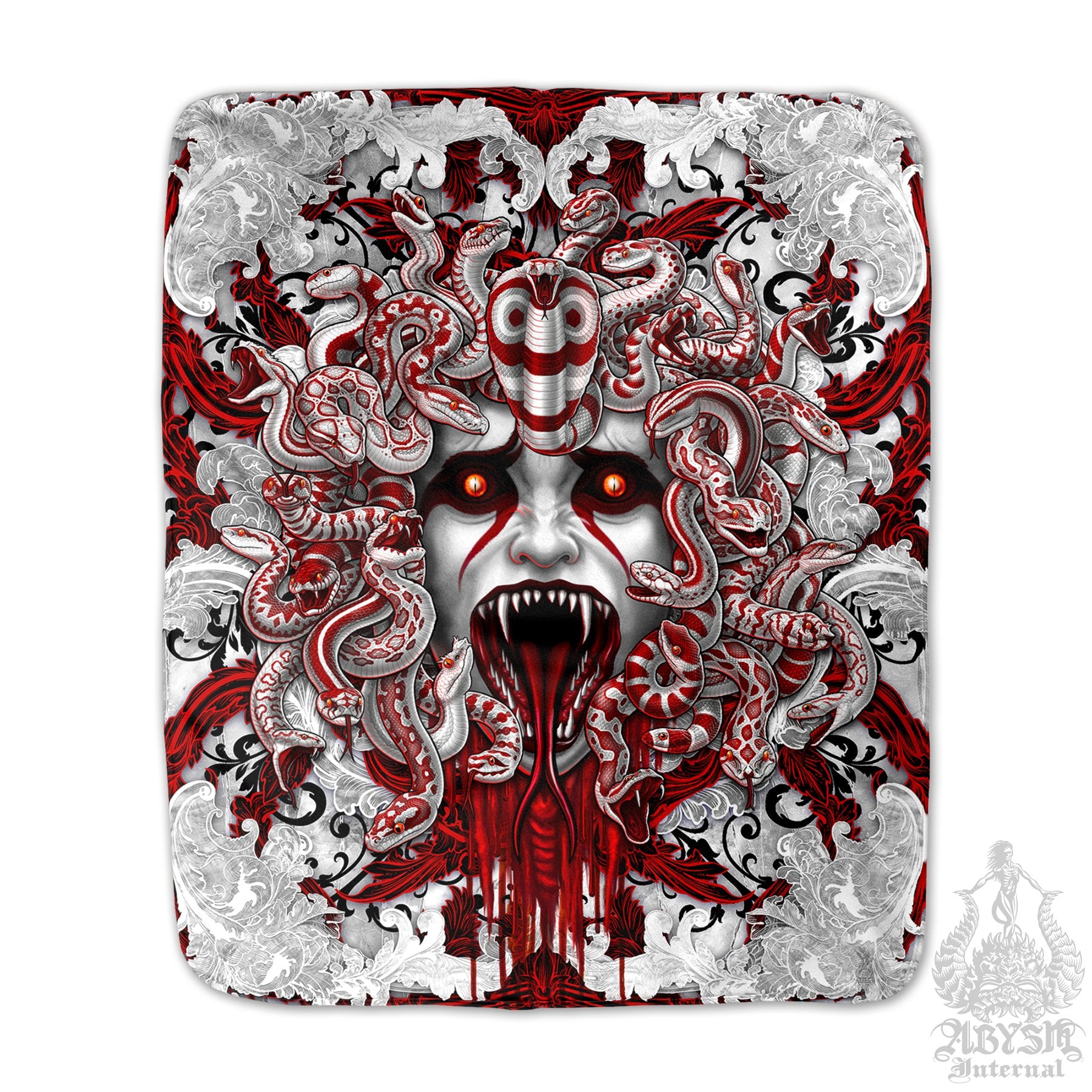 Gothic Sherpa Fleece Throw Blanket, White Goth Medusa, Horror Home Decor - Skull & 3 Faces, Bloody Snakes - Abysm Internal