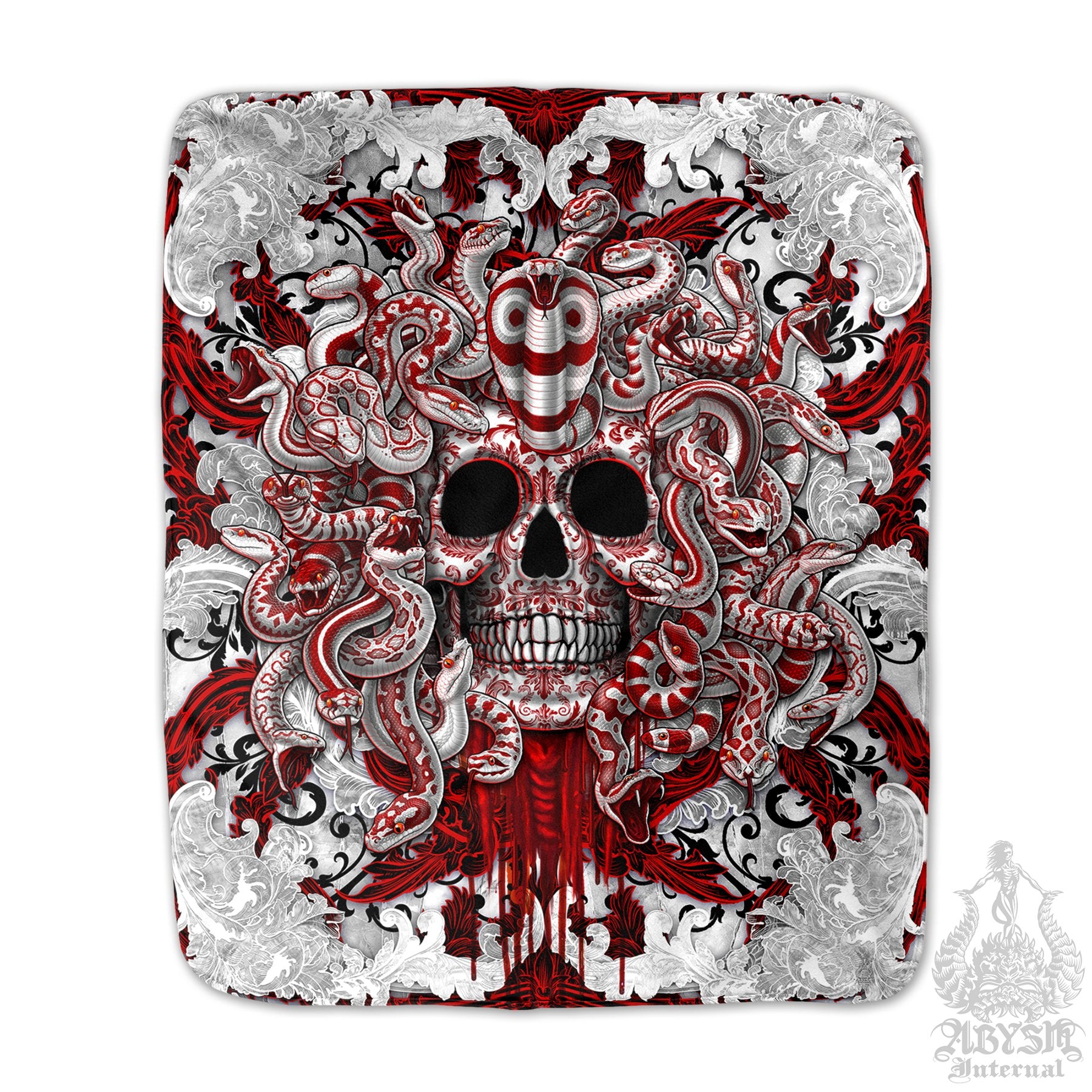 Gothic Sherpa Fleece Throw Blanket, White Goth Medusa, Horror Home Decor - Skull & 3 Faces, Bloody Snakes - Abysm Internal