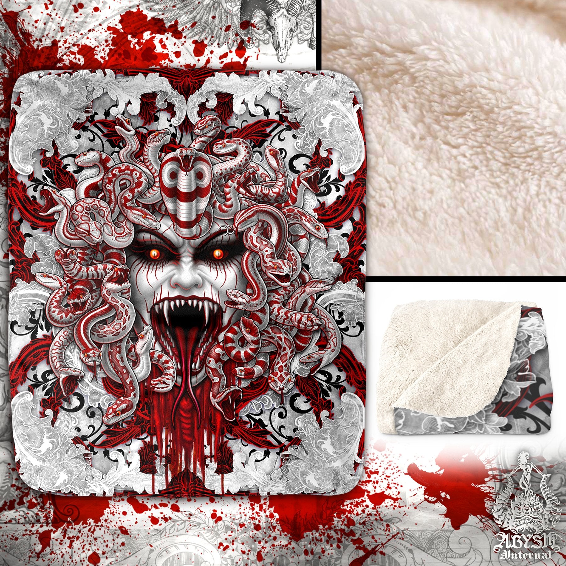Gothic Sherpa Fleece Throw Blanket, White Goth Medusa, Horror Home Decor - Skull & 3 Faces, Bloody Snakes - Abysm Internal