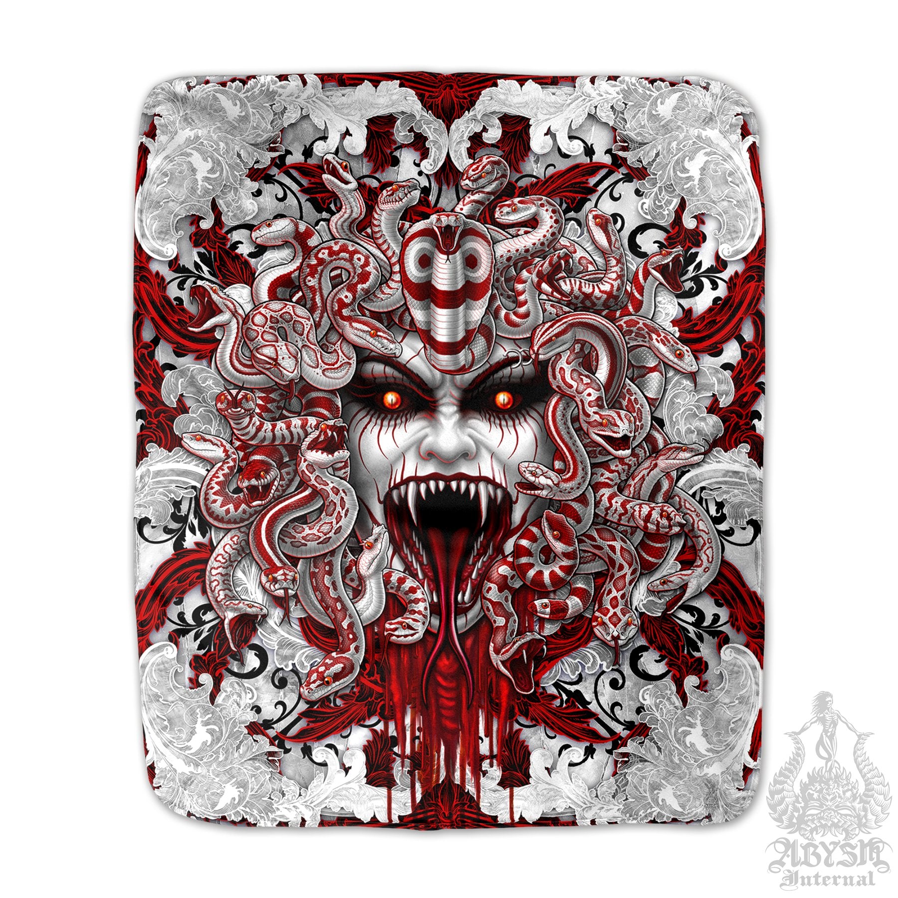 Gothic Sherpa Fleece Throw Blanket, White Goth Medusa, Horror Home Decor - Skull & 3 Faces, Bloody Snakes - Abysm Internal