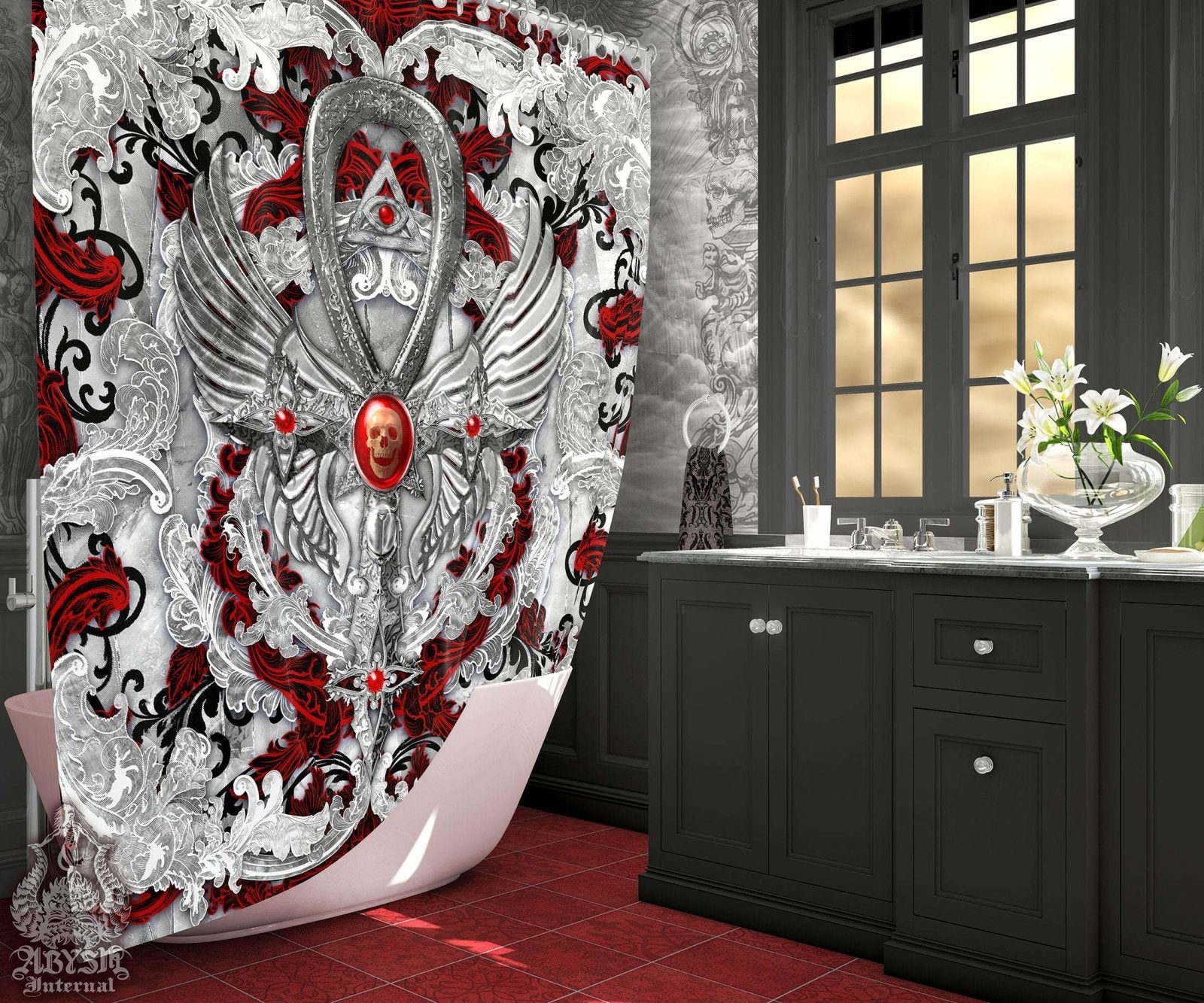 Gothic Shower Curtain, Ankh Cross, Dark Bathroom Decor, Occult - Ornamented, Bloody White Goth - Abysm Internal