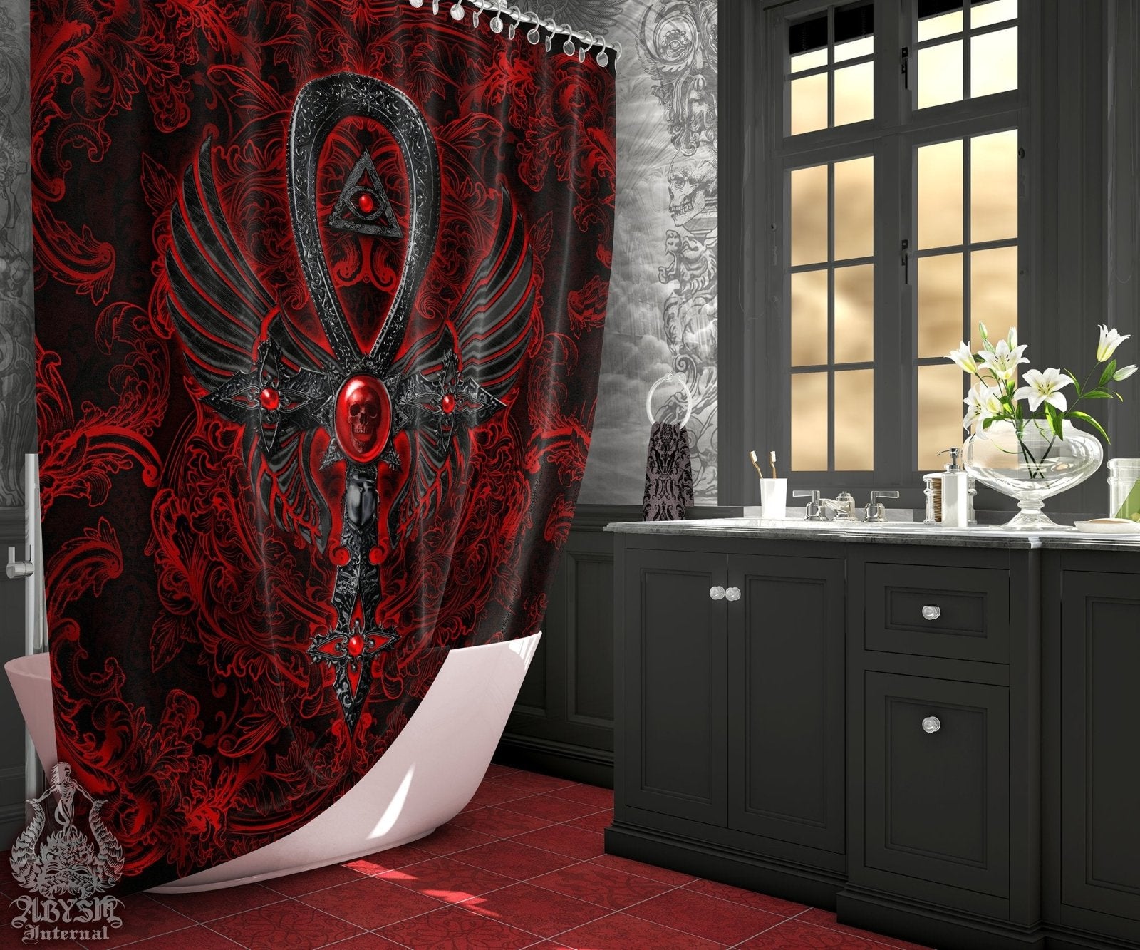 Gothic Shower Curtain, Goth Ankh Cross, Dark Bathroom Decor, Occult - Black - Abysm Internal