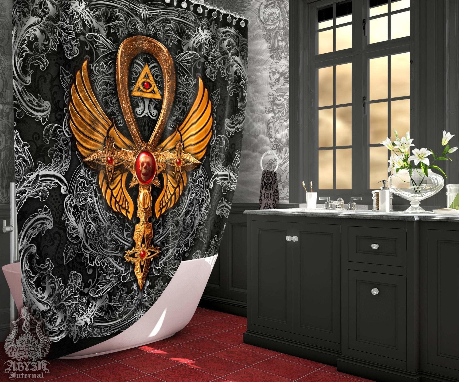 Gothic Shower Curtain, Goth Ankh Cross, Dark Bathroom Decor, Occult - Black & Gold - Abysm Internal