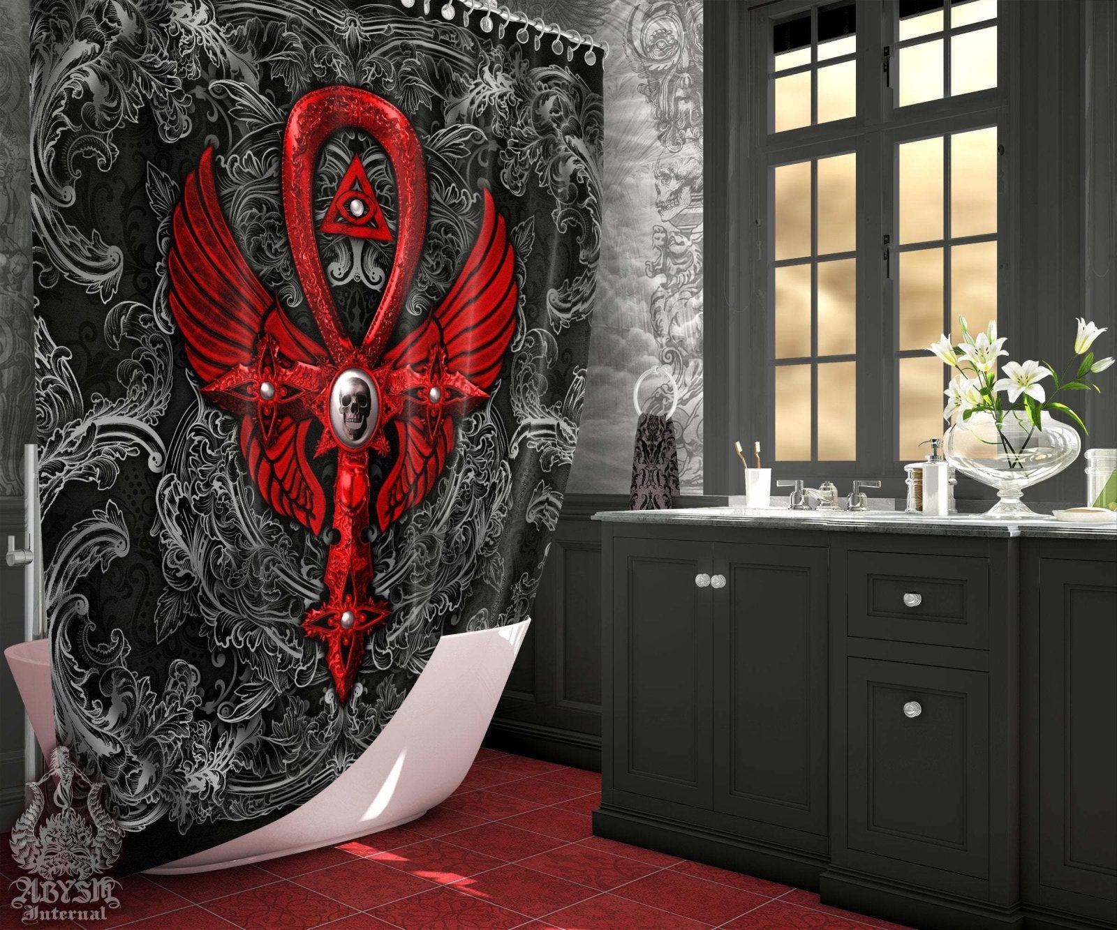 Gothic Shower Curtain, Goth Ankh Cross, Dark Bathroom Decor, Occult - Black & Red - Abysm Internal