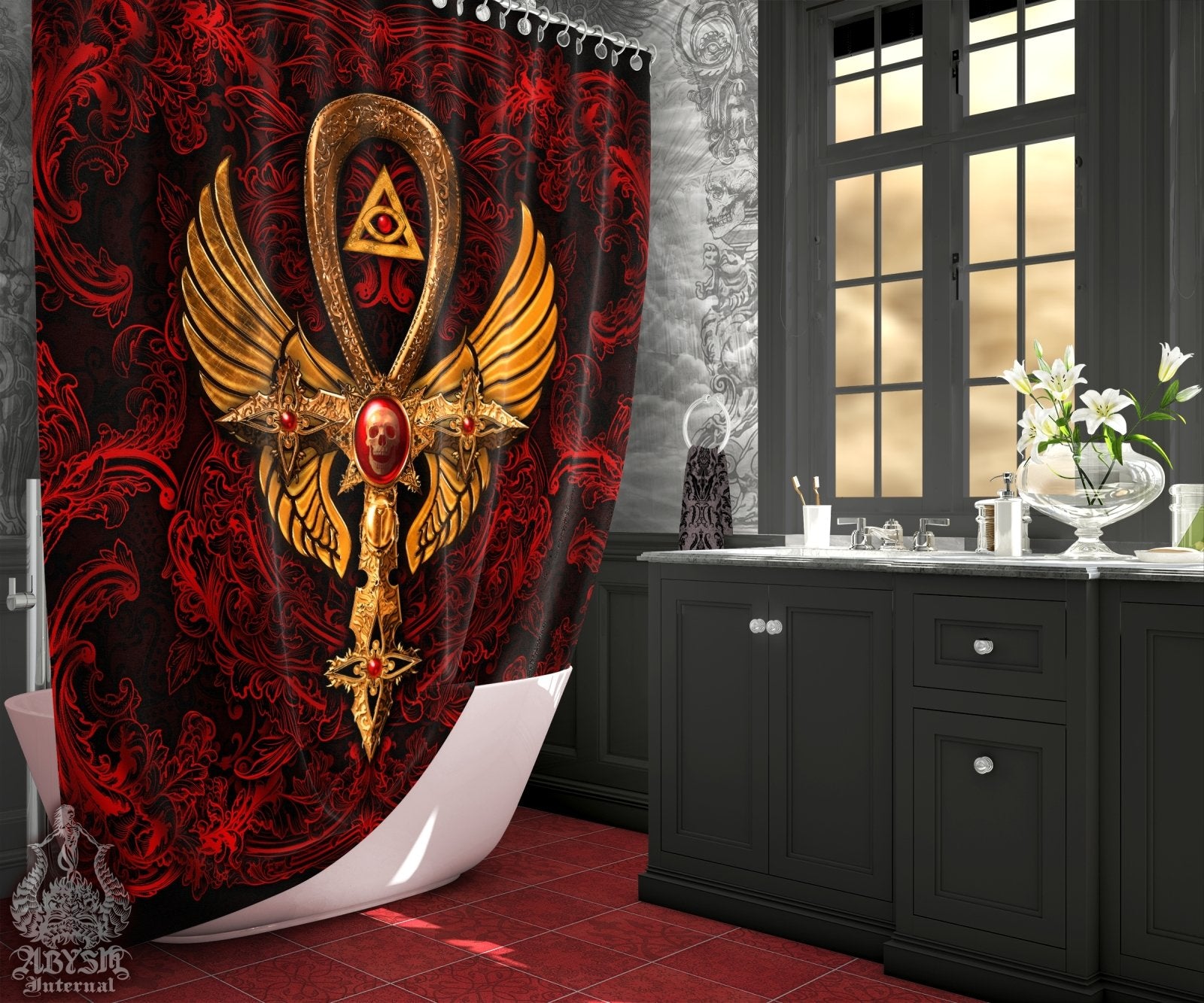 Gothic Shower Curtain, Goth Ankh Cross, Dark Bathroom Decor, Occult - Red & Gold - Abysm Internal