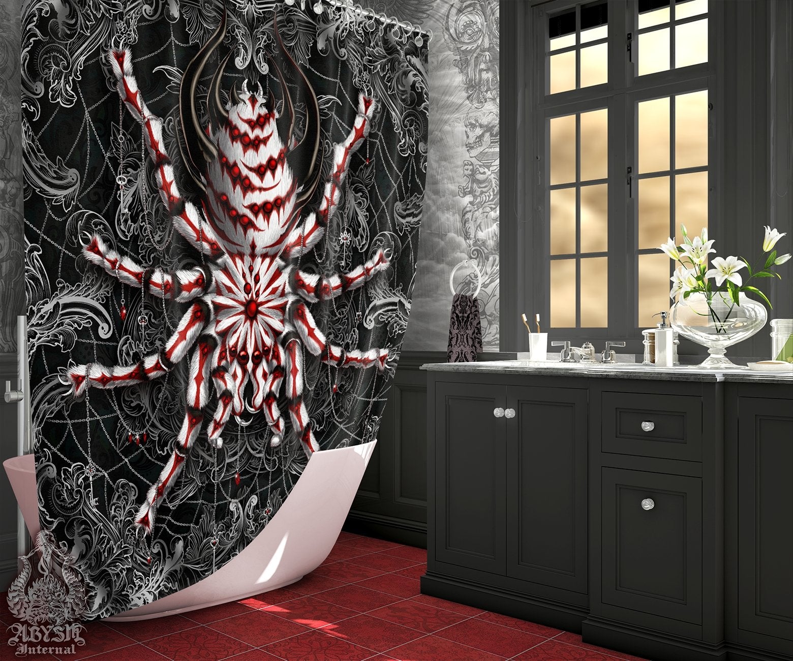 Gothic Shower Curtain, Goth Bathroom Decor, Alternative Home - Spider, Dark, Tarantula Art - Abysm Internal