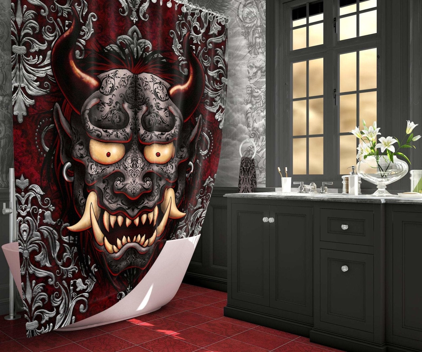 Gothic Shower Curtain, Goth Bathroom Decor, Japanese Demon - Gargoyle - Abysm Internal