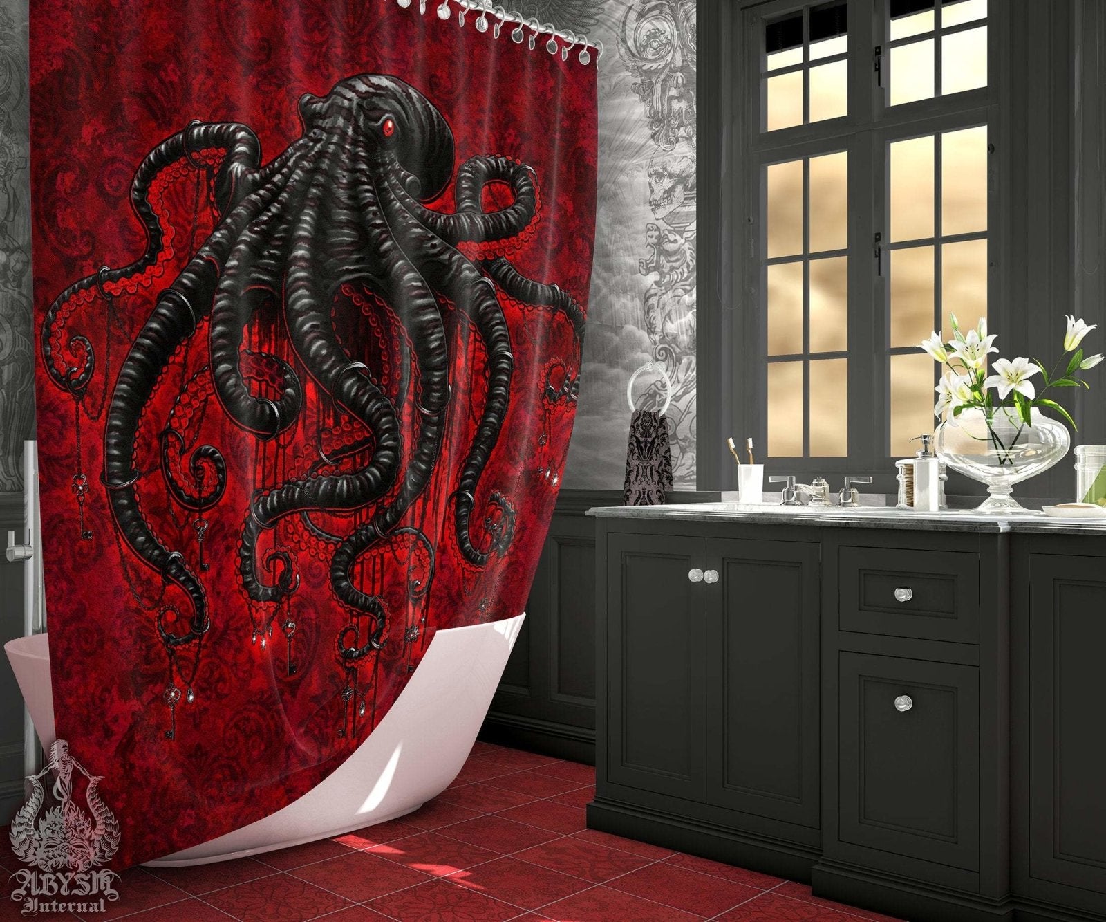 Gothic Shower Curtain, Goth Bathroom Decor, Octopus - Bloody Red & Black - Abysm Internal