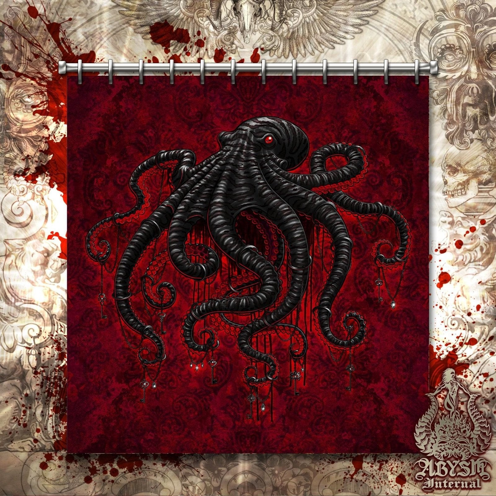 Gothic Shower Curtain, Goth Bathroom Decor, Octopus - Bloody Red & Black - Abysm Internal
