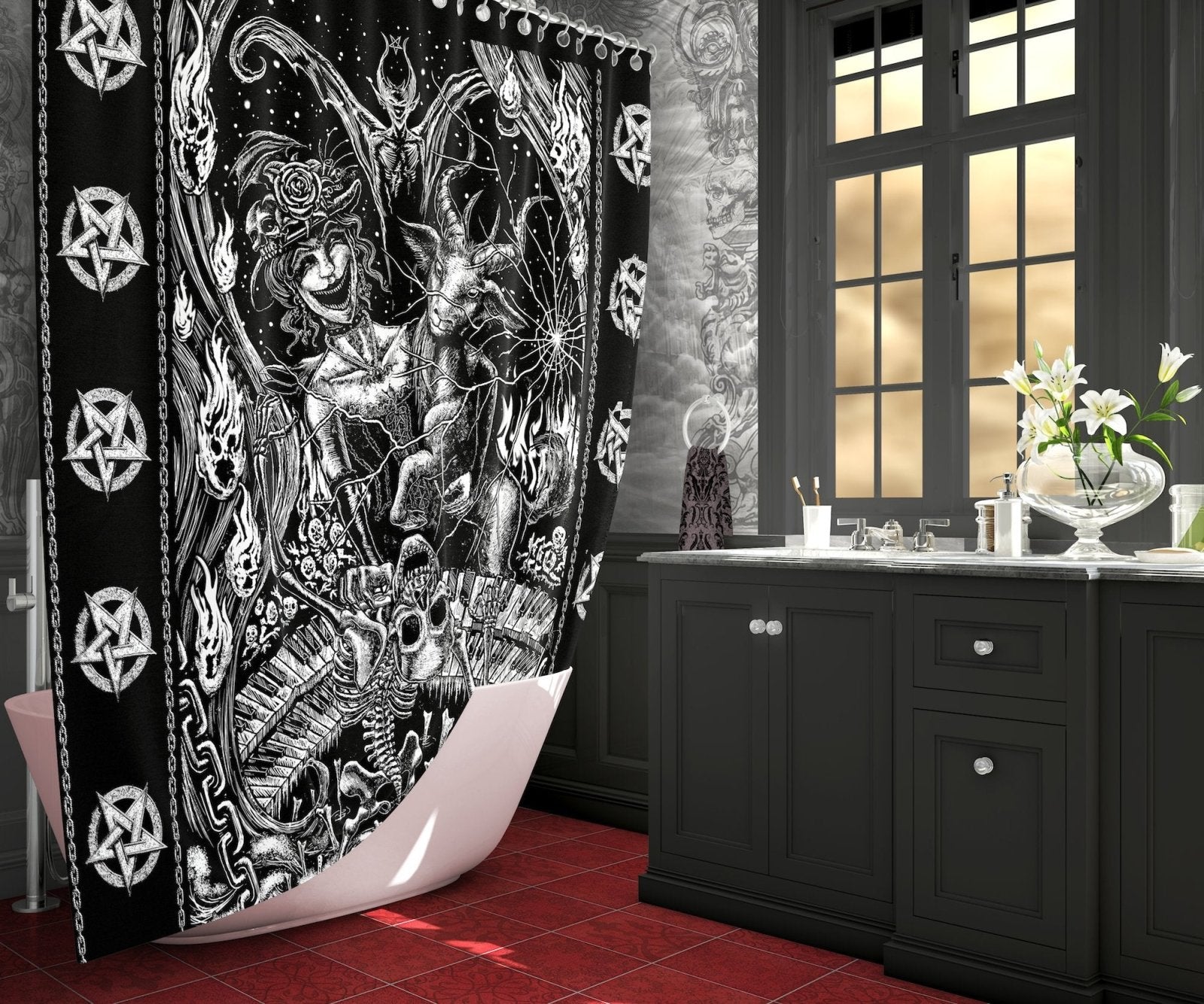 Gothic Shower Curtain, Goth Bathroom Decor, Satanic - Hell & Pentagrams, Merry - Abysm Internal