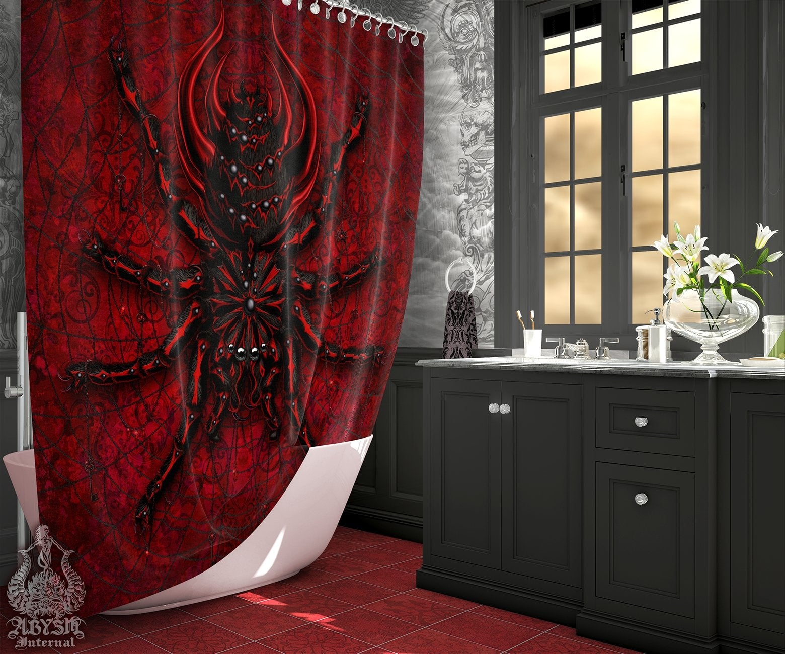 Gothic Shower Curtain, Goth Bathroom Decor - Spider, Bloody Red & Black, Tarantula Art - Abysm Internal