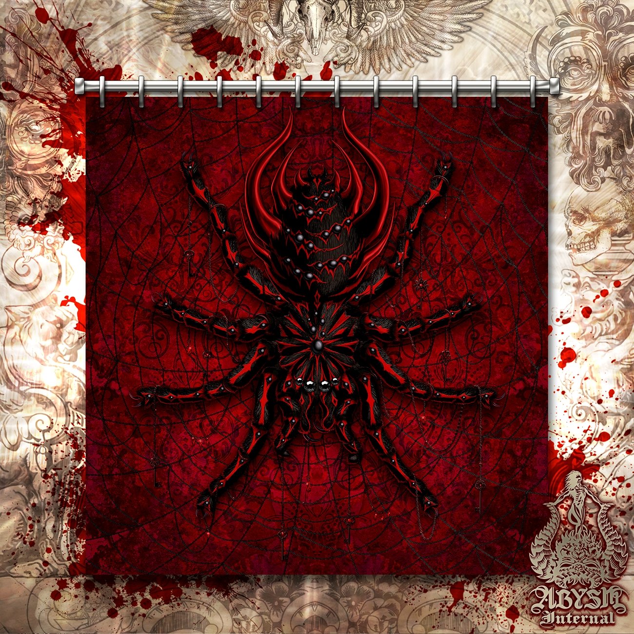 Gothic Shower Curtain, Goth Bathroom Decor - Spider, Bloody Red & Black, Tarantula Art - Abysm Internal