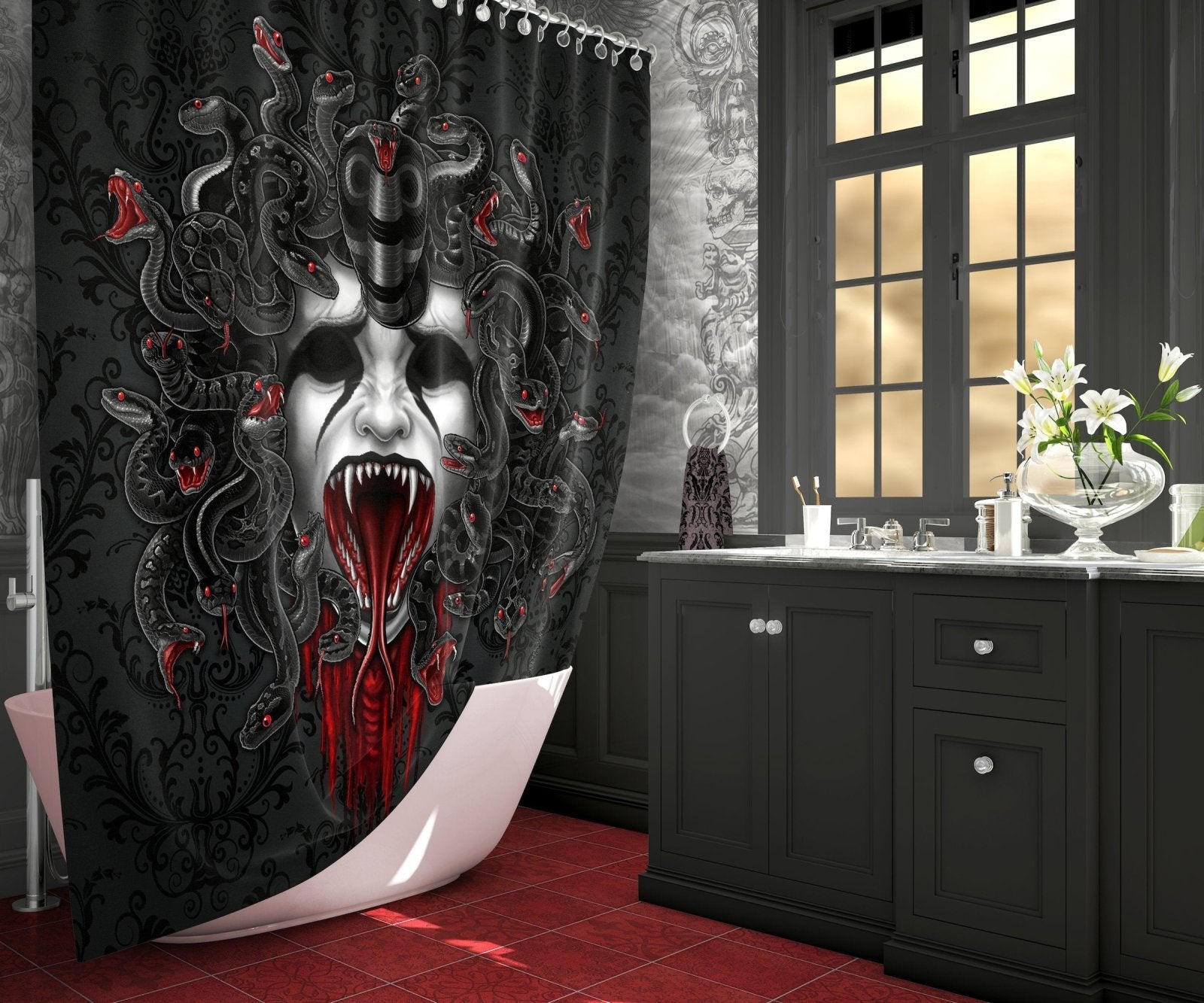Gothic Shower Curtain, Halloween and Horror Bathroom Decor, Nu Goth Art - Screaming Medusa & Skull, Black & Black Snakes - Abysm Internal