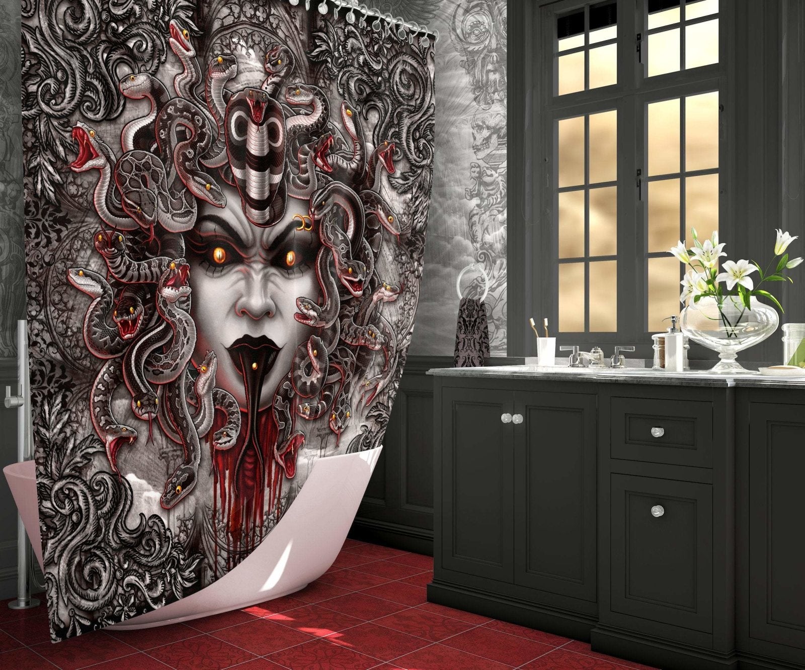 Gothic Shower Curtain, Horror Bathroom Decor, Halloween Decor - Mocking Medusa, Grey Snakes - Abysm Internal