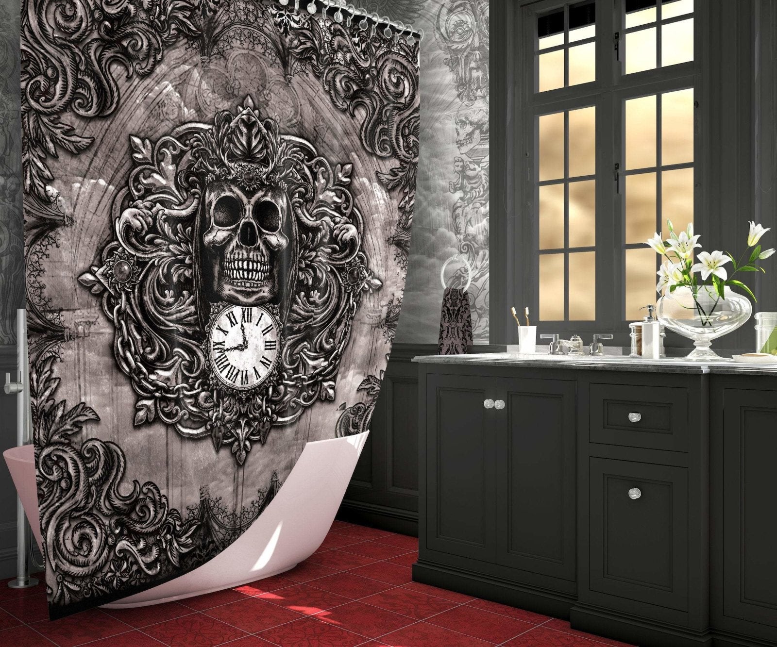 Gothic Shower Curtain, Horror Bathroom Decor, Skull, Grim Reaper, Goth Art - 3 Colors - Abysm Internal