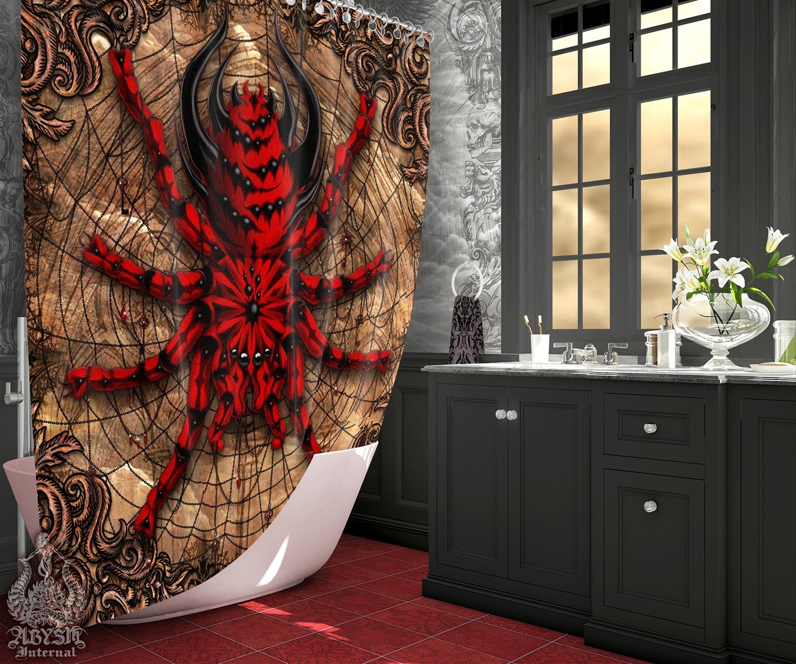 Gothic Shower Curtain, Horror Goth Bathroom Decor, Alternative Home - Spider, Beige, Tarantula Art - Abysm Internal