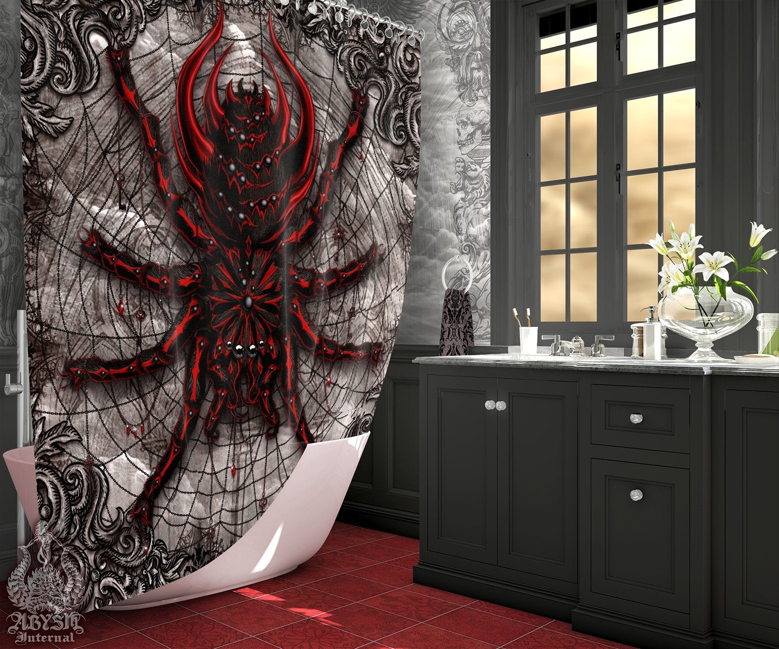 Gothic Shower Curtain, Horror Goth Bathroom Decor, Alternative Home - Spider, Grey, Tarantula Art - Abysm Internal