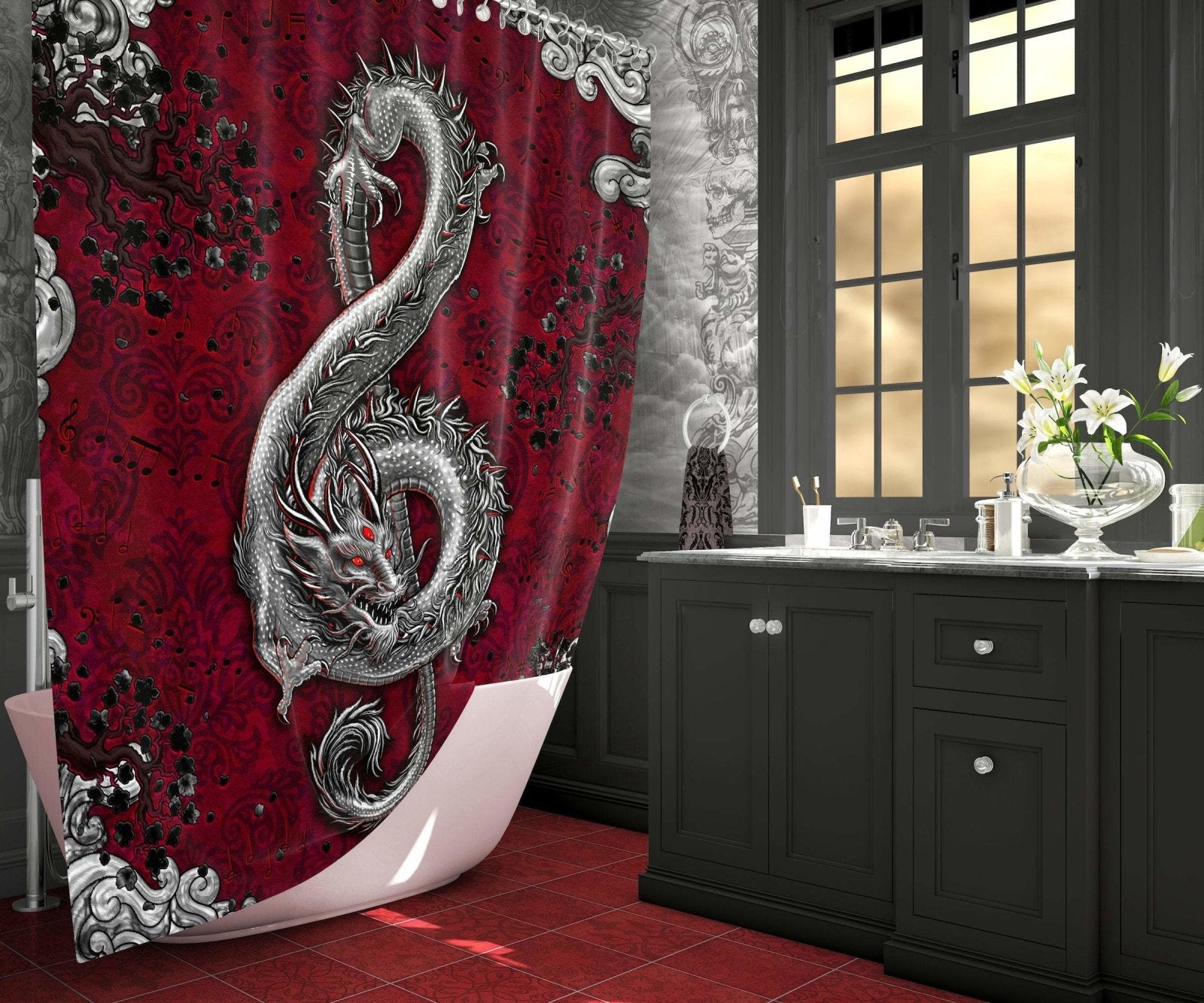 Gothic Shower Curtain, Music Art, Dragon Bathroom Decor, Treble Clef - Goth - Abysm Internal