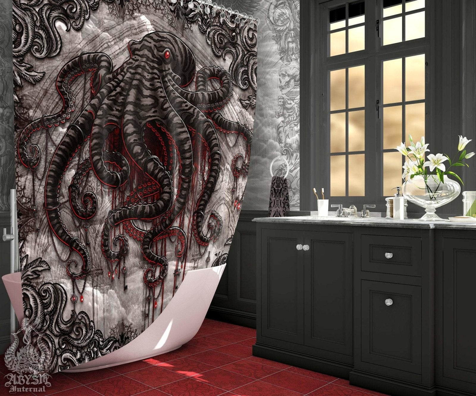 Gothic Shower Curtain, Octopus, Gothic Bathroom Decor, Goth Horror - Horror, Grey - Abysm Internal