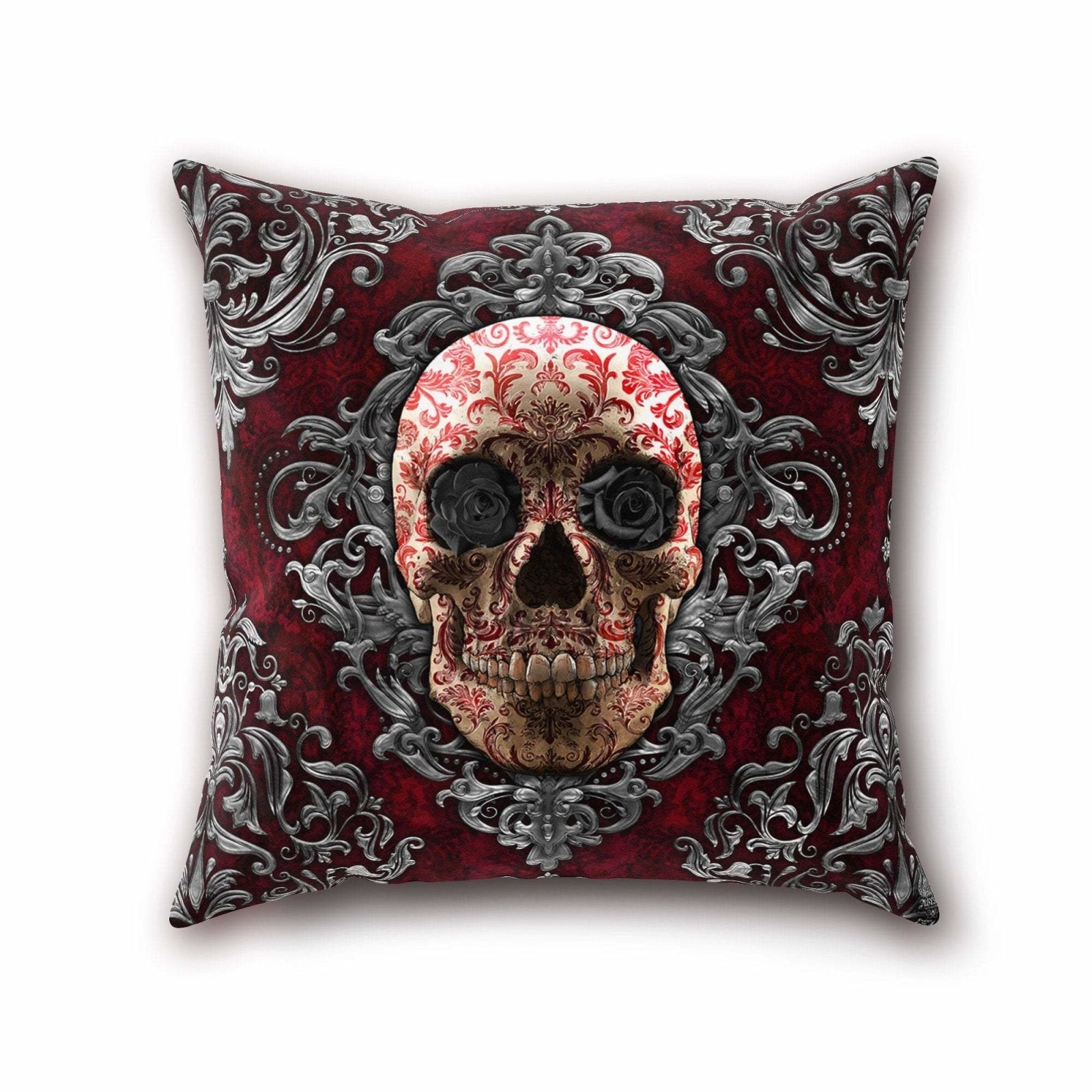 Gothic Skull Throw Pillow, Decorative Accent Cushion, Goth Decor, Macabre Art, Alternative Home - Black Roses - Abysm Internal