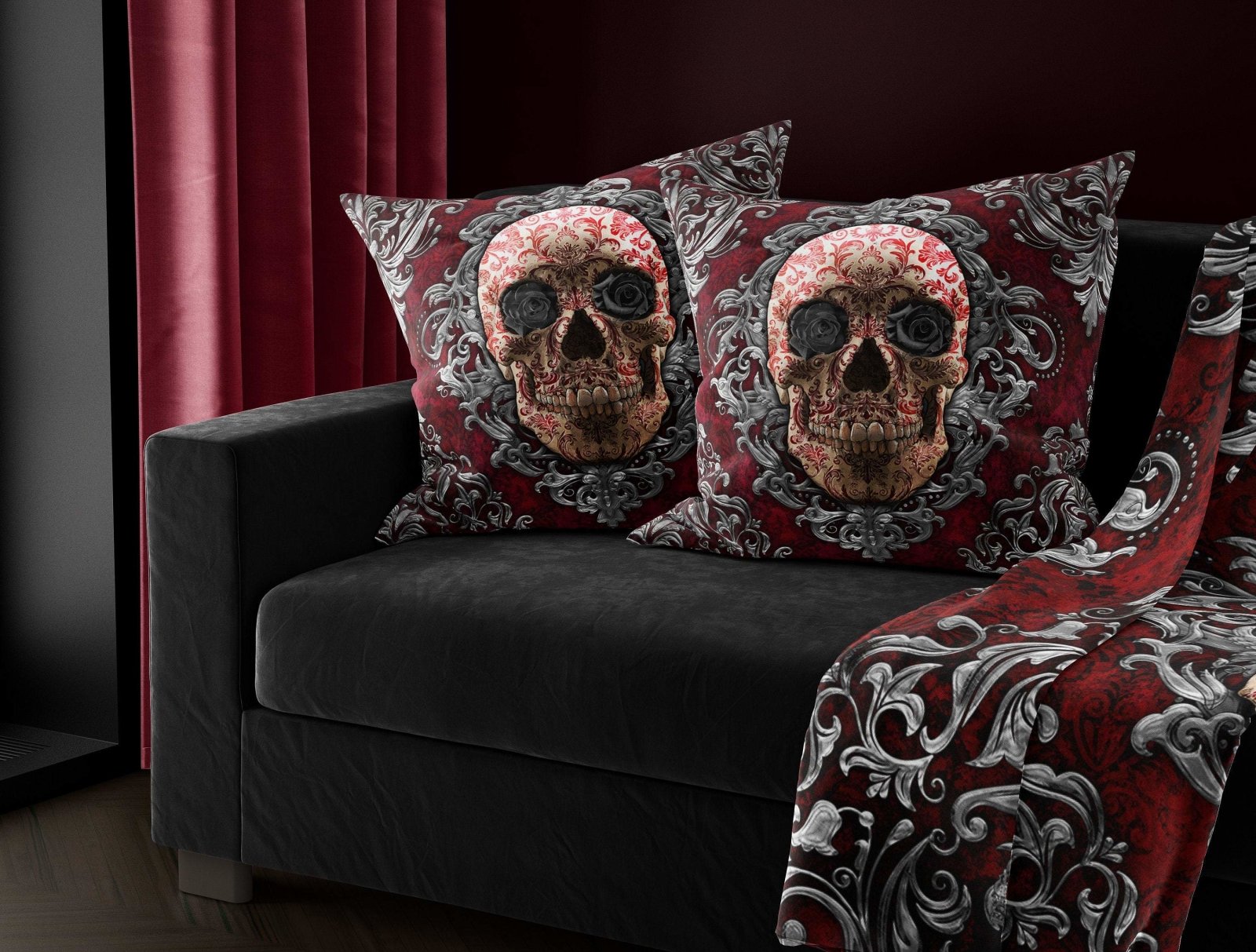 Gothic Skull Throw Pillow, Decorative Accent Cushion, Goth Decor, Macabre Art, Alternative Home - Black Roses - Abysm Internal