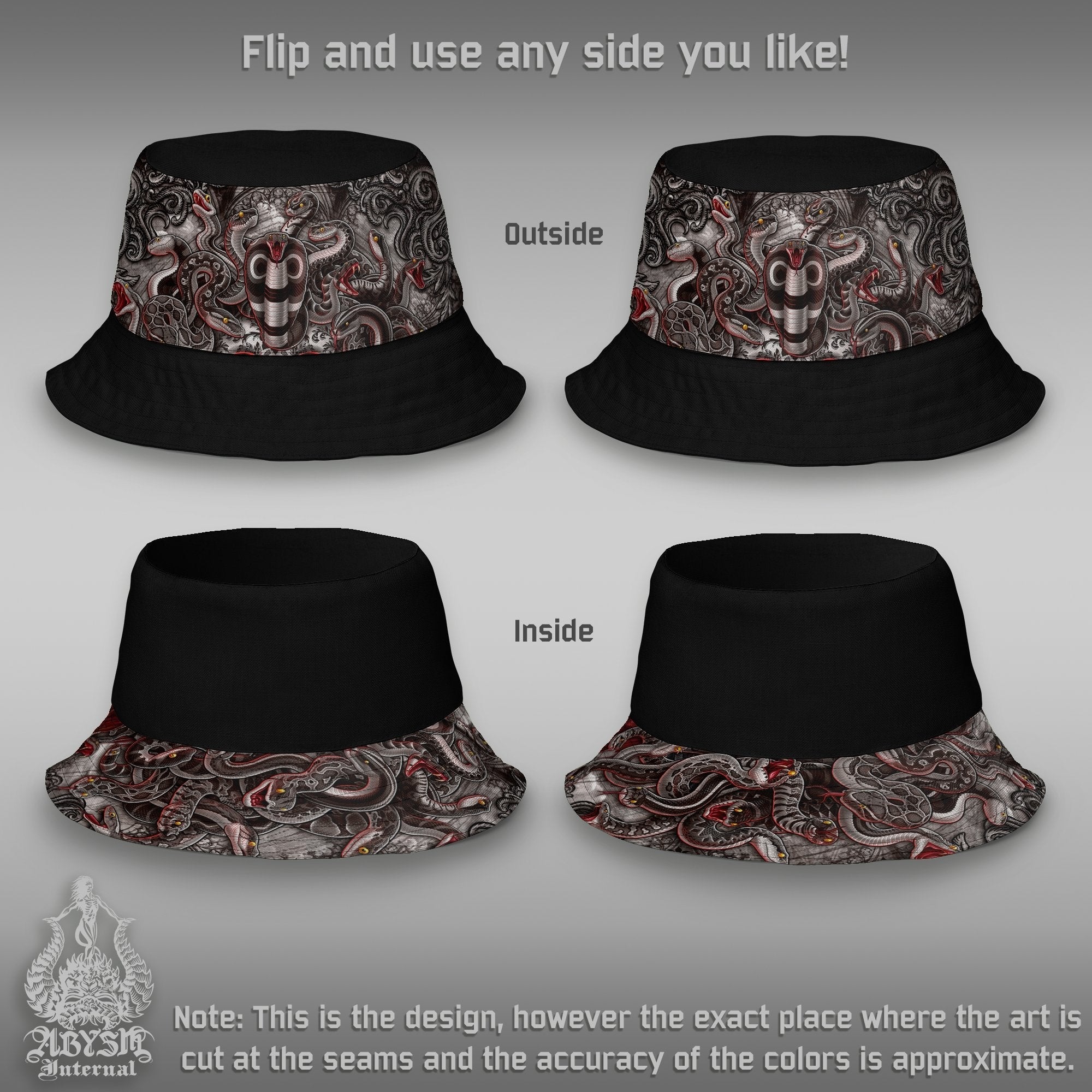 Gothic Snakes Bucket Hat, Goth Streetwear, Horror Summer Hat, Beach Accessory with Linen feel, Reversible & Unisex - Halloween Medusa Art - Abysm Internal