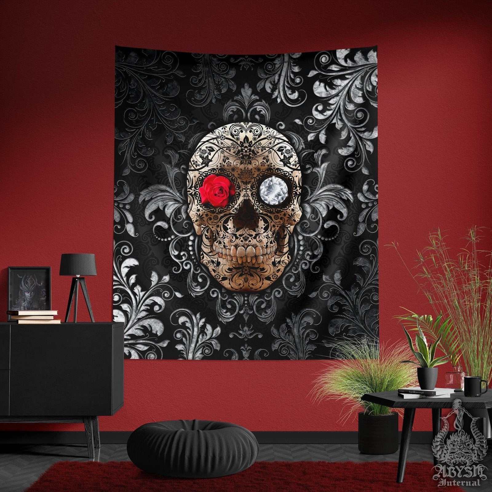 Gothic Sugar Skull Tapestry, Mexican Wall Hanging, Goth Home Decor, Art Print - Dia de los Muertos, Day of the Dead - Abysm Internal
