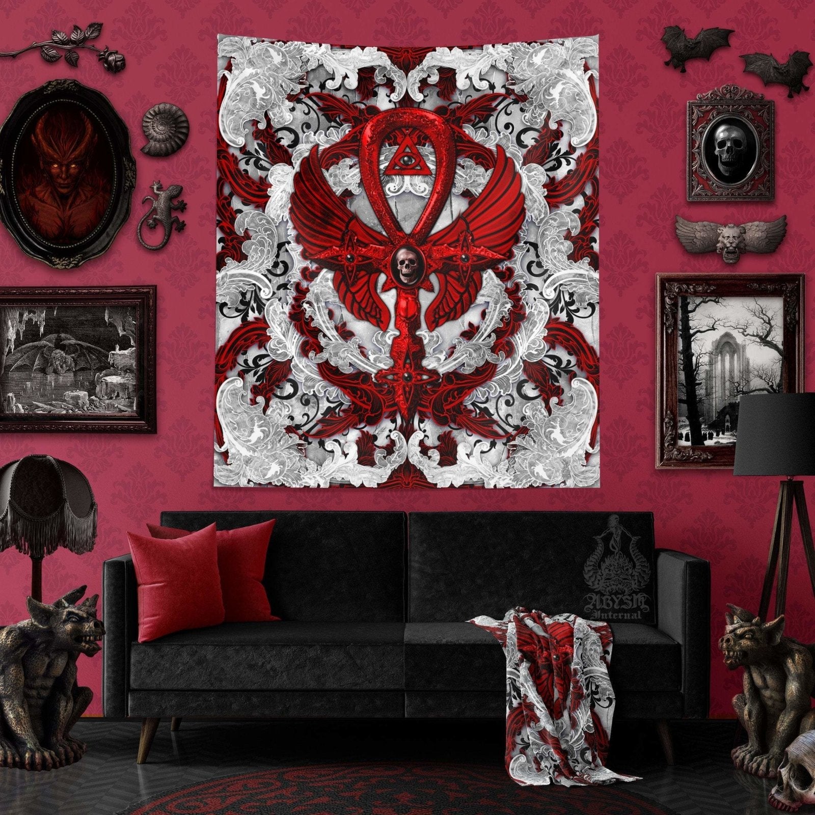 Gothic Tapestry, Ankh Wall Hanging, Occult Home Decor, Art Print - Bloody Goth Cross, Red - Abysm Internal