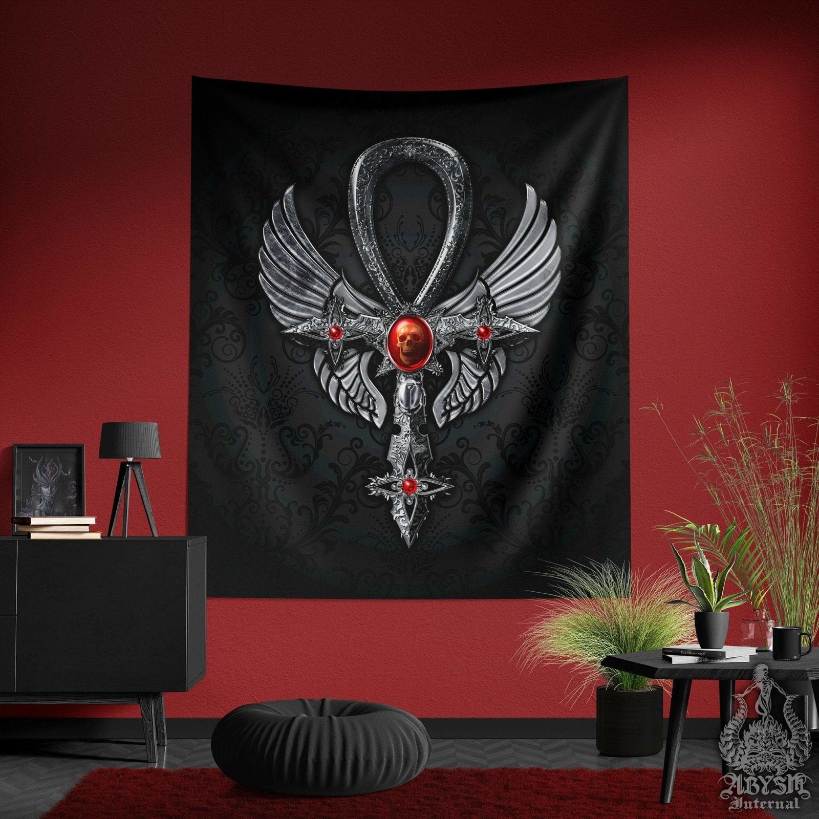Gothic Tapestry, Ankh Wall Hanging, Occult Home Decor, Art Print - Nu Goth Cross - Abysm Internal