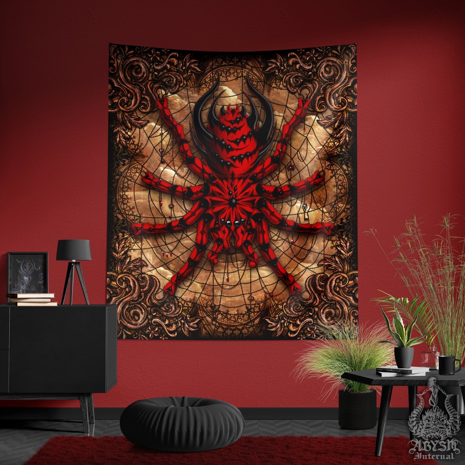 Gothic Tapestry, Horror Wall Hanging, Halloween Home Decor, Tarantula Art Print - Spider, Gothic Beige - Abysm Internal