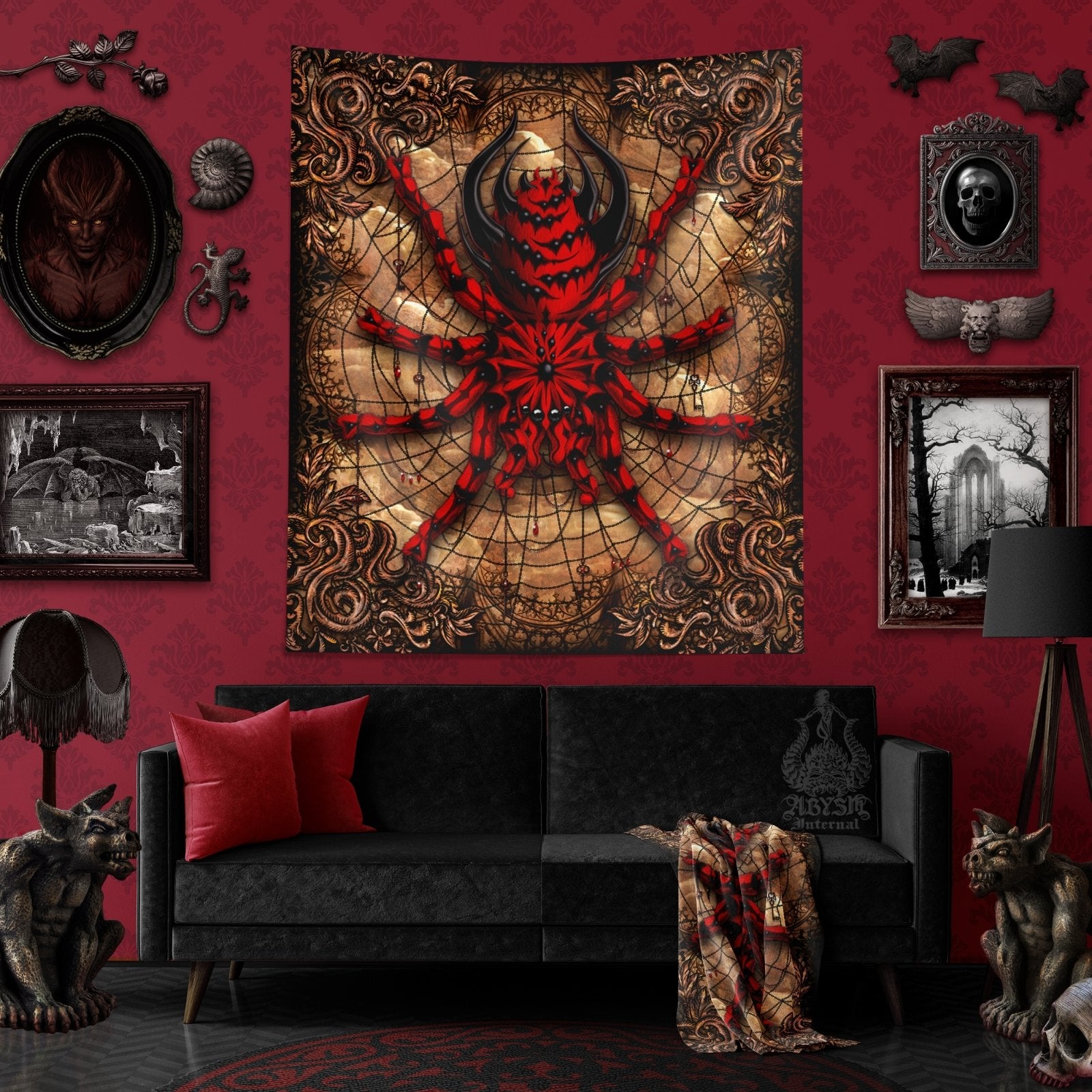 Gothic Tapestry, Horror Wall Hanging, Halloween Home Decor, Tarantula Art Print - Spider, Gothic Beige - Abysm Internal