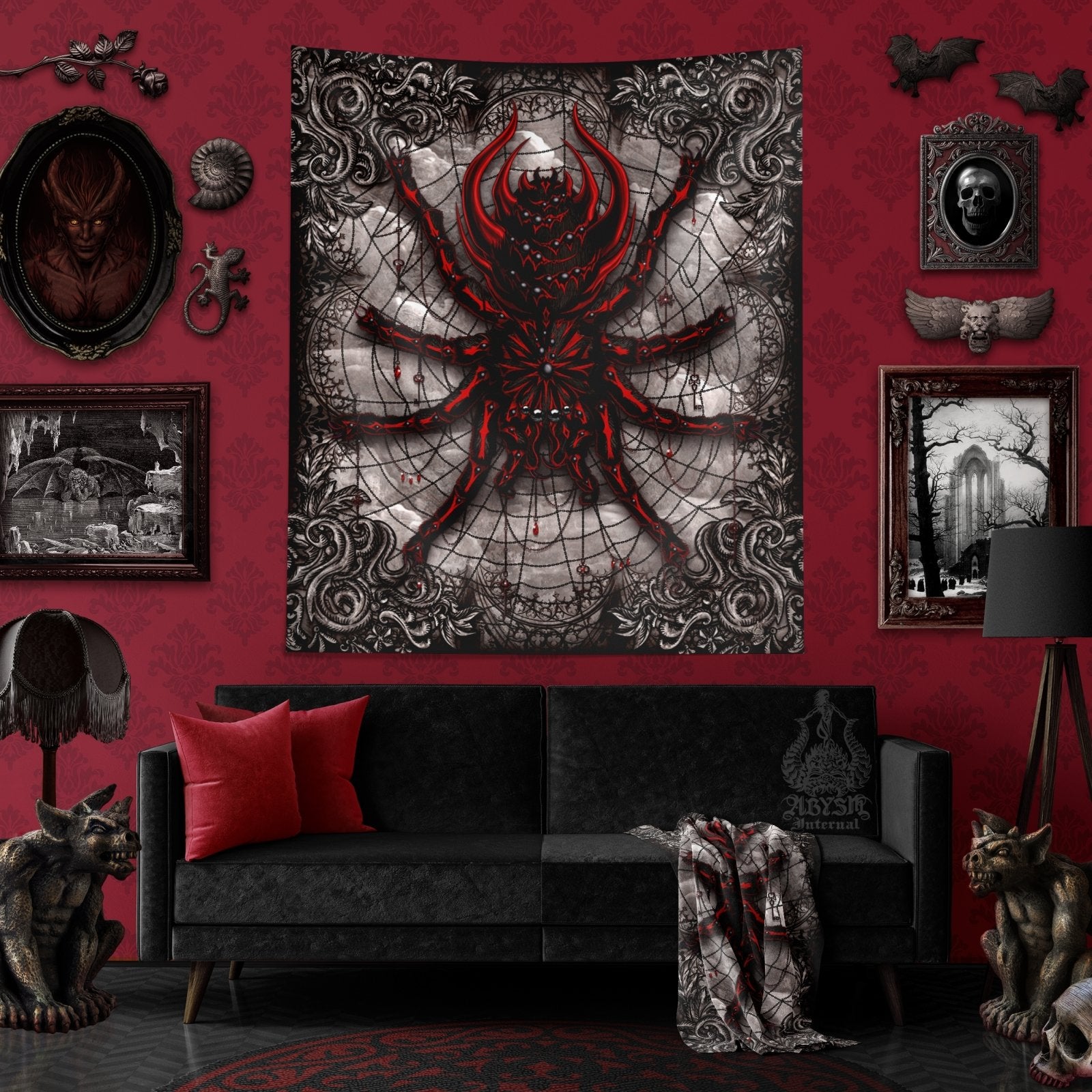 Gothic Tapestry, Horror Wall Hanging, Halloween Home Decor, Tarantula Art Print - Spider, Gothic Grey - Abysm Internal