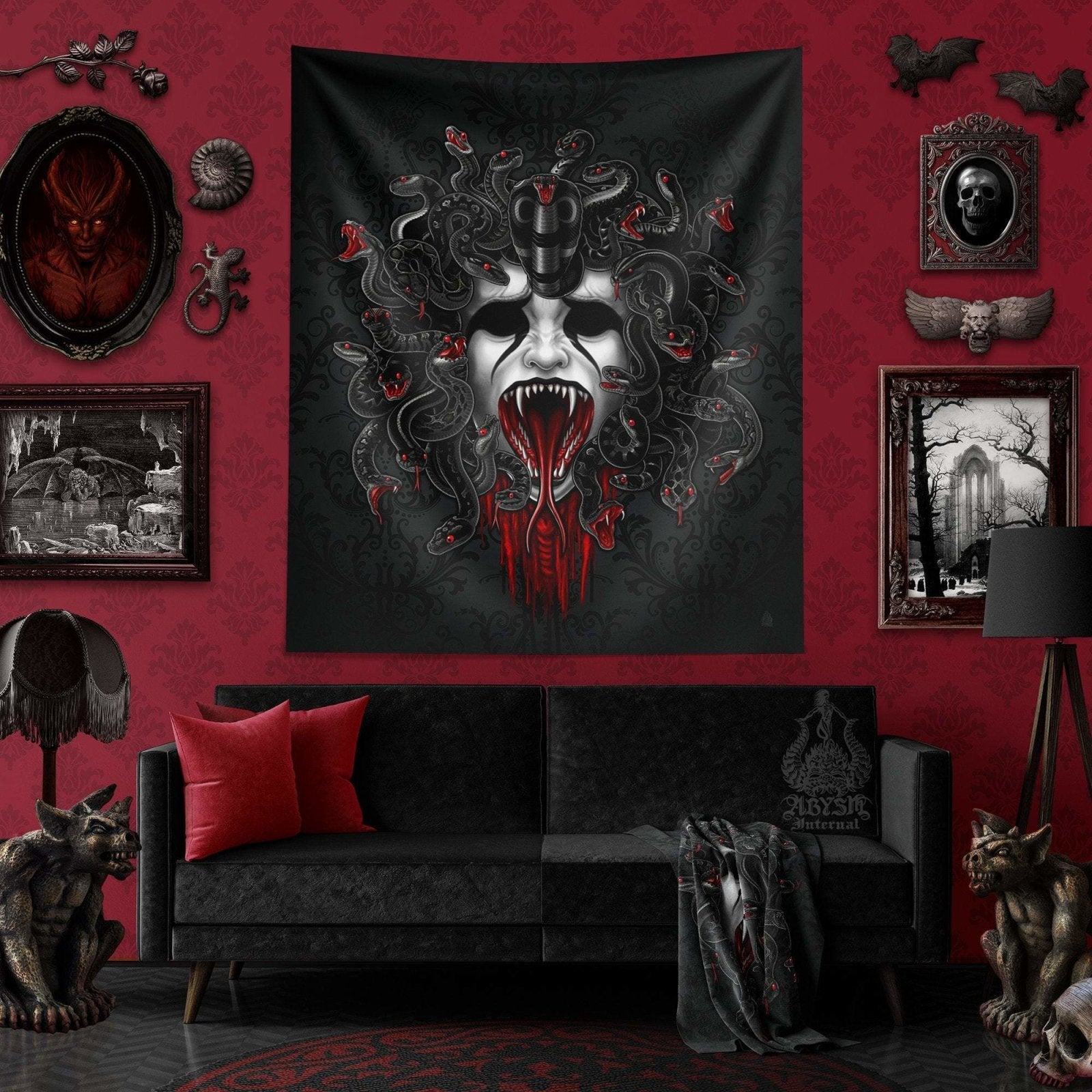 Gothic Tapestry, Medusa & Skull Wall Hanging, Nu Goth Home Decor, Art Print - Black Snakes - Abysm Internal