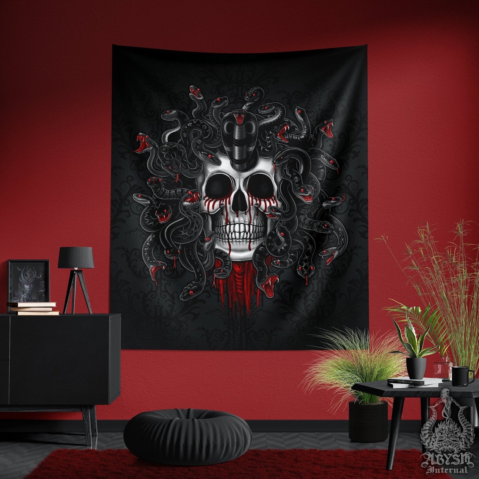 Gothic Tapestry, Medusa & Skull Wall Hanging, Nu Goth Home Decor, Art Print - Black Snakes - Abysm Internal