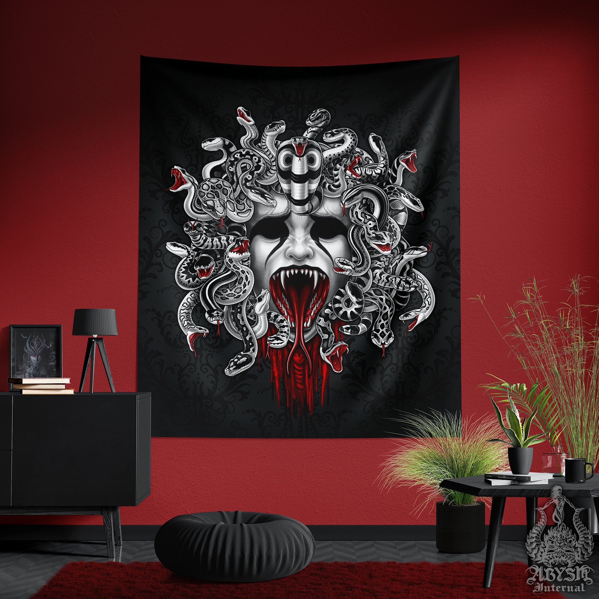 Gothic Tapestry, Medusa & Skull Wall Hanging, Nu Goth Home Decor, Vertical Art Print - 2 Faces, 3 Colors - Abysm Internal