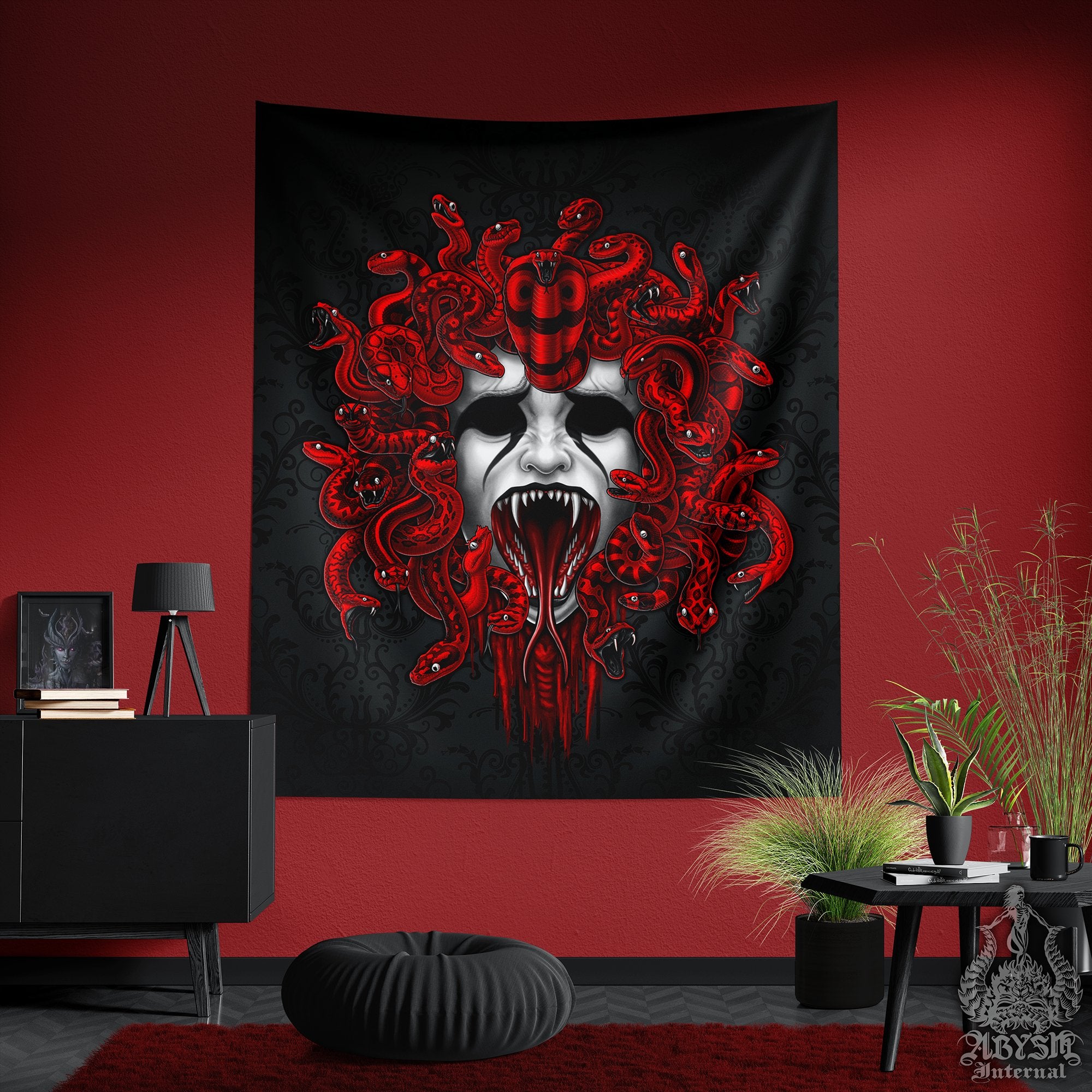 Gothic Tapestry, Medusa & Skull Wall Hanging, Nu Goth Home Decor, Vertical Art Print - 2 Faces, 3 Colors - Abysm Internal