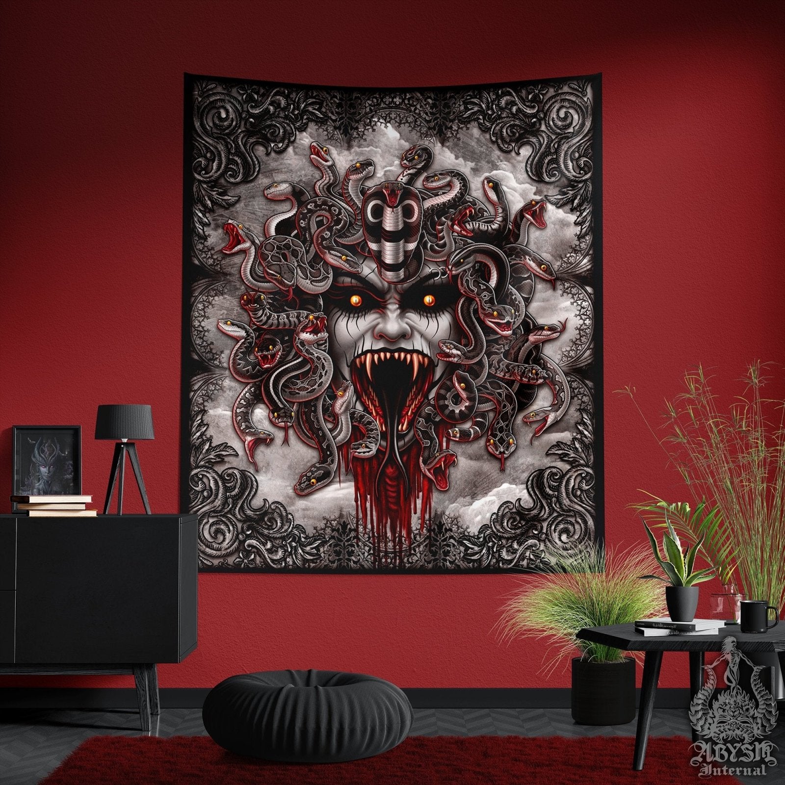 Gothic Tapestry, Medusa Wall Hanging, Goth Home Decor, Art Print - Horror Grey Snakes, 3 Faces - Abysm Internal