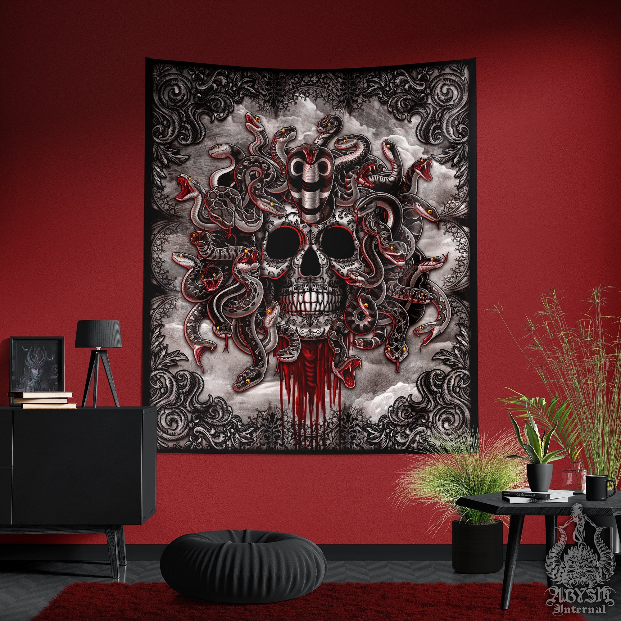 Gothic Tapestry, Medusa Wall Hanging, Goth Skull Home Decor, Vertical Art Print - Horror Grey Snakes, 4 Faces - Abysm Internal