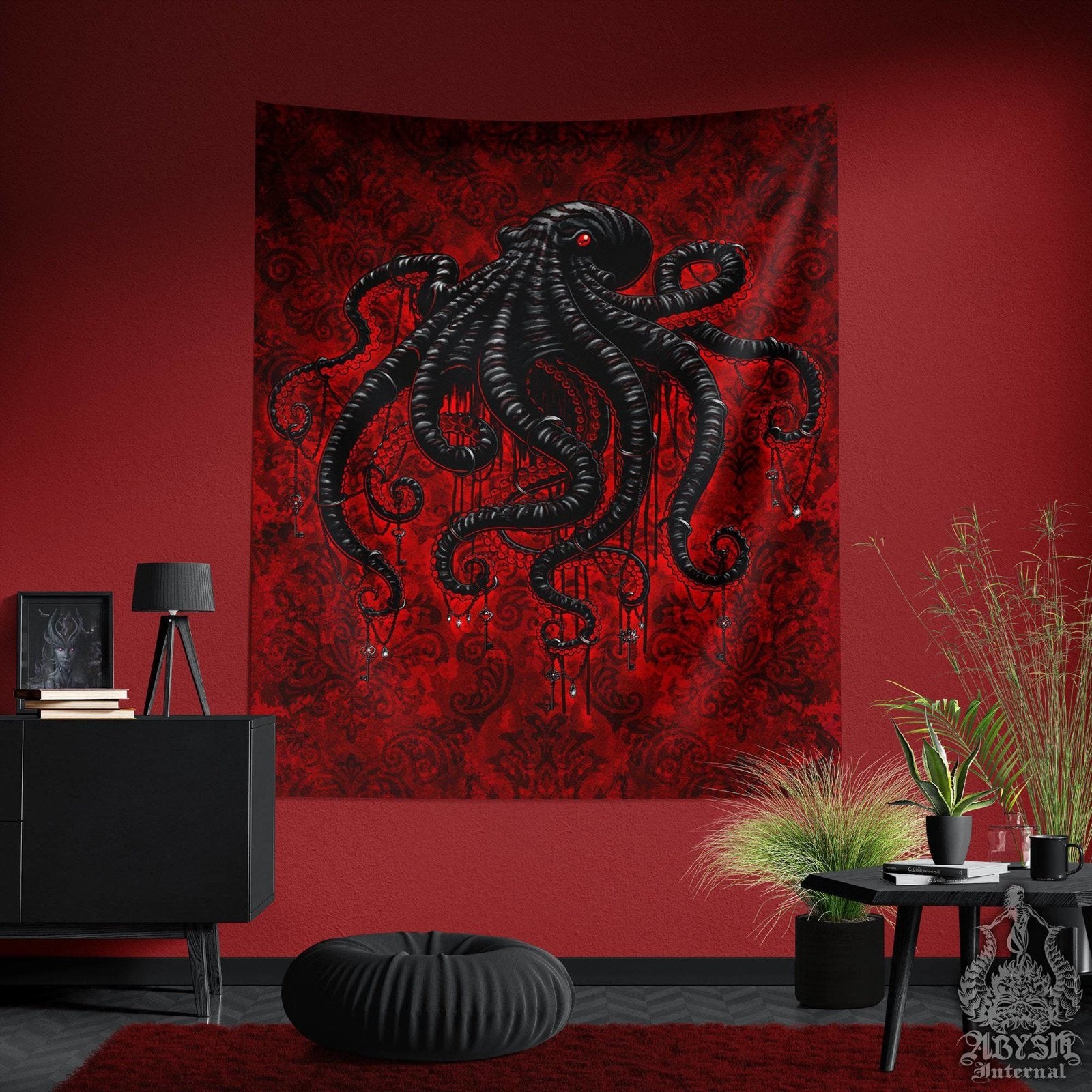 Gothic Tapestry, Octopus Wall Hanging, Goth Home Decor, Art Print - Bloody Black - Abysm Internal