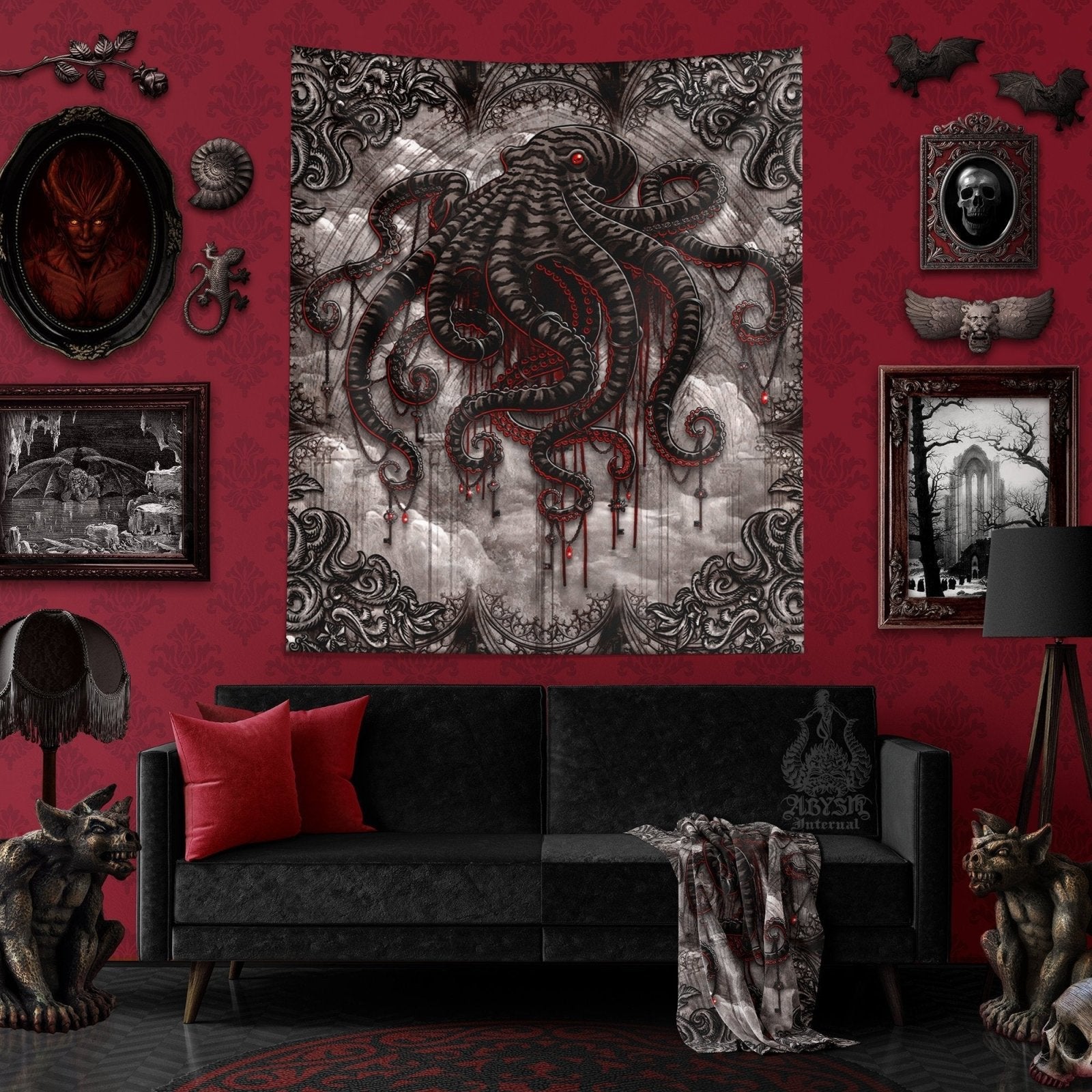 Gothic Tapestry, Octopus Wall Hanging, Goth Home Decor, Art Print - Horror Grunge, Grey - Abysm Internal