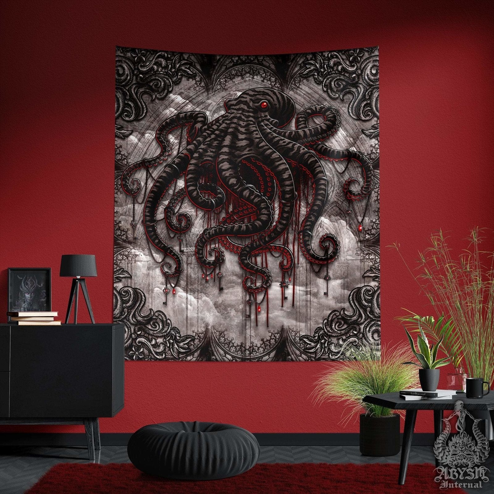 Gothic Tapestry, Octopus Wall Hanging, Goth Home Decor, Art Print - Horror Grunge, Grey - Abysm Internal